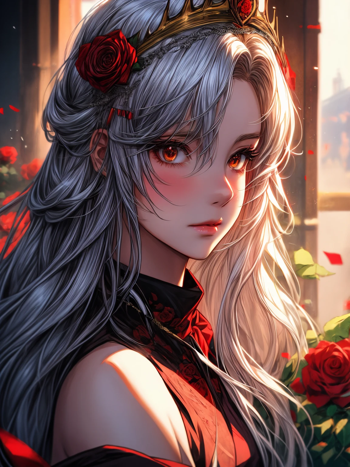 anime girl with long white hair and red roses in her hair, crown of roses, guweiz, roses in her hair, artwork in the style of guweiz, digital art on pixiv, guweiz on pixiv artstation, anime illustration, beautiful anime portrait, digital anime illustration, guweiz on artstation pixiv, beautiful anime art