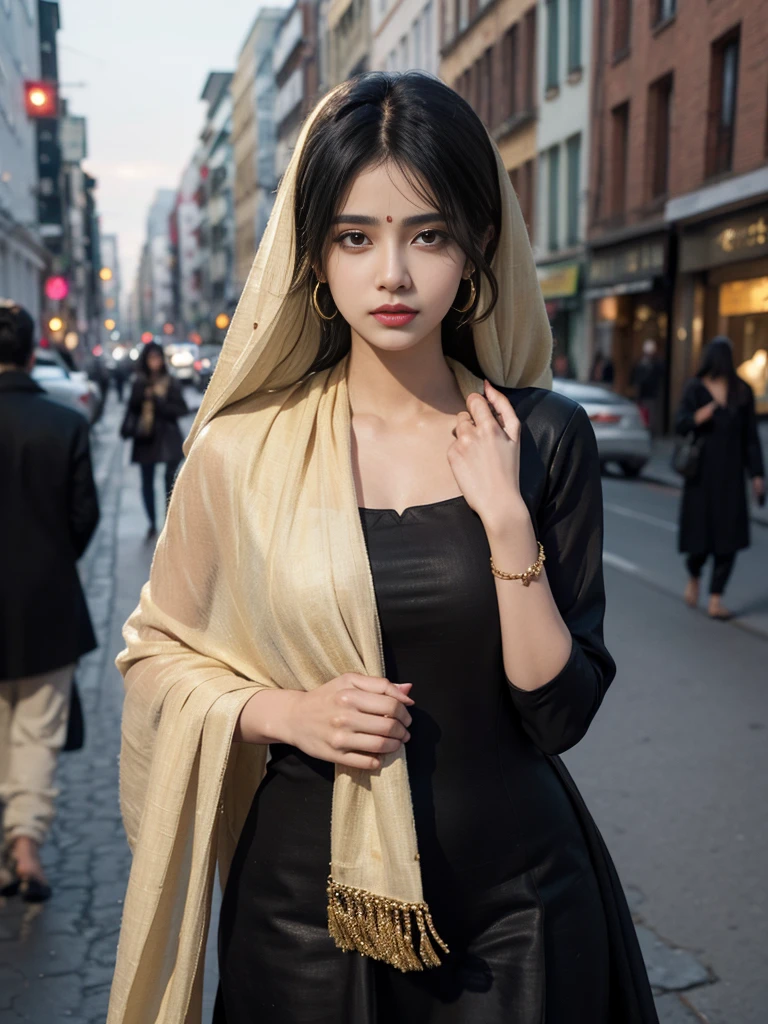 (((desi girl))), beautiful, stunning face, natural skin, wearing hot deep neck top and dupatta, perfect body, charming black hair, ((hair ends are blonde)), city streets background, bokeh