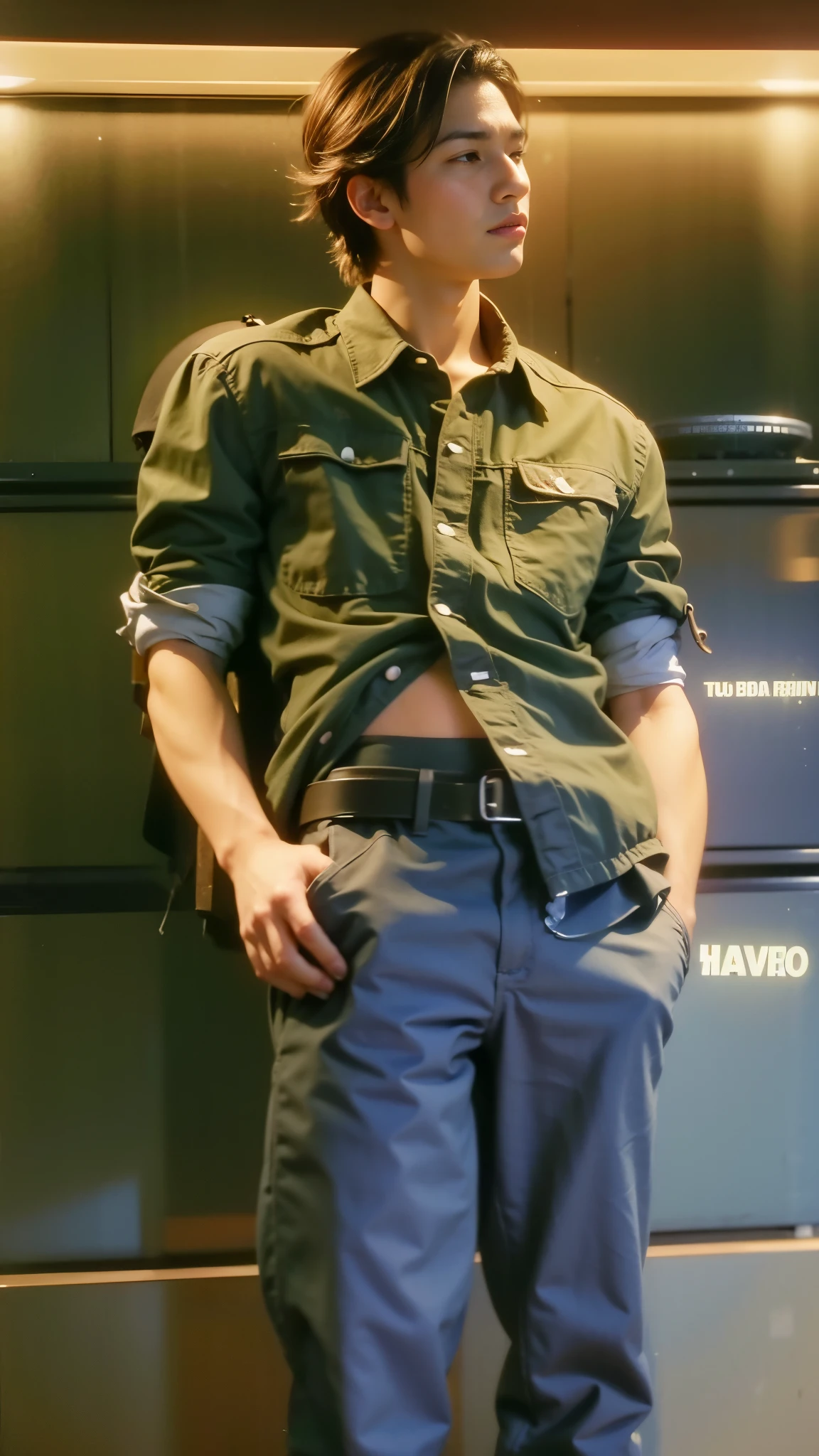 Boy standing and shows his belly button