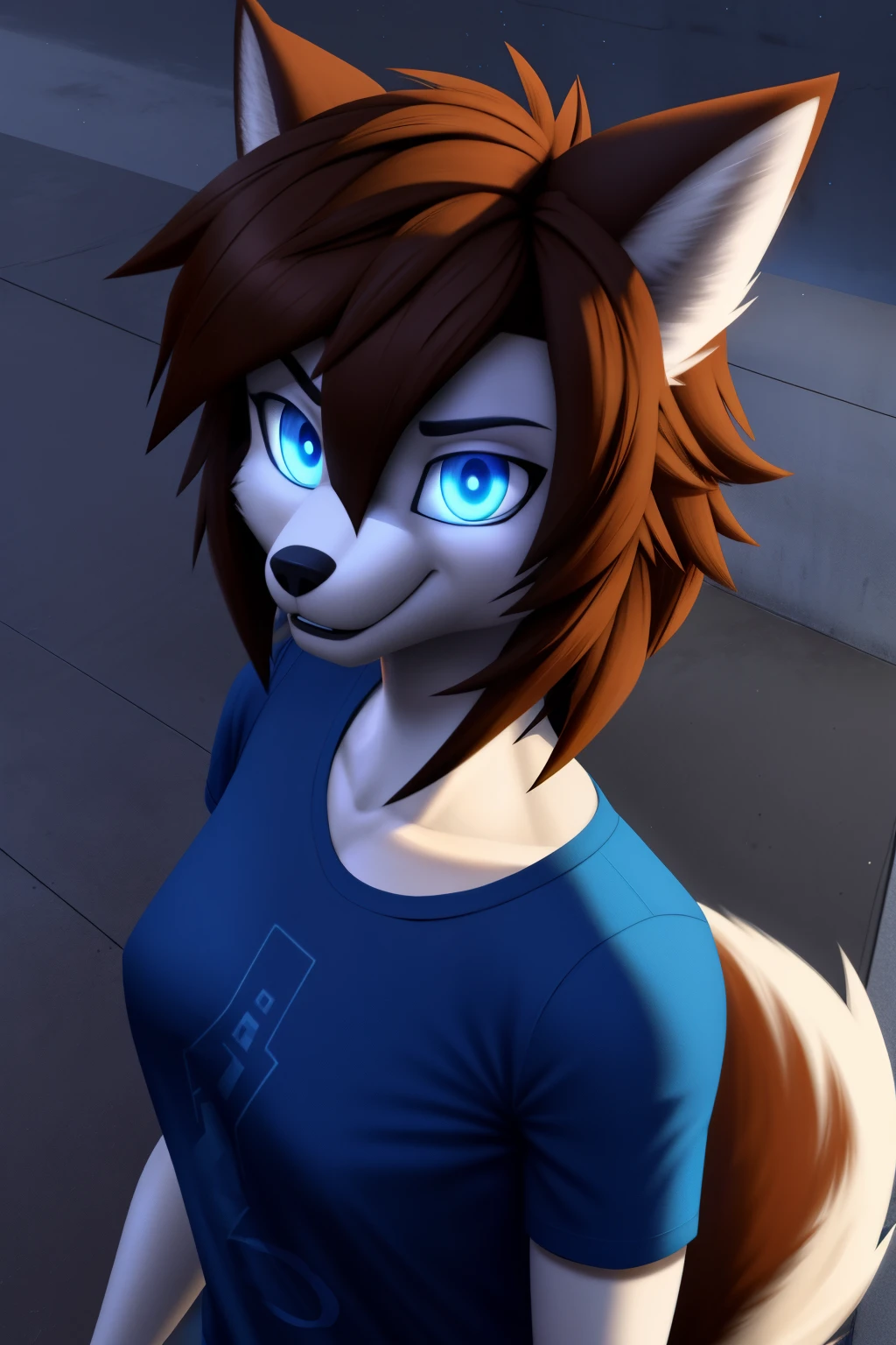 android wife, wolf anthro, brown hair, blue eyes, glowing eyes, t-shirt, 3D Disney style