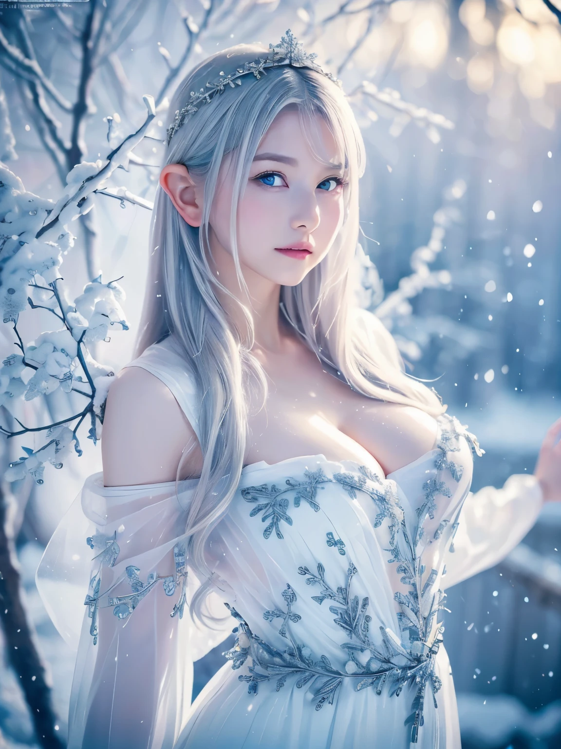 ((High quality)),masutepiece,(Detailed depiction of local details:1.2),1girl in,large full breasts、cleavage of the breast、Blue eyes,Closed mouth,Eyelashes,Looking at Viewer,Portrait,Solo,upper body closeup、portlate,White hair,White theme,(tmasterpiece, 8K, Best Quality, hight resolution, Ultra-detailed, Ultra-realistic realism),White the, A world covered in silver, branches covered with snow, cold winter feel, snowflakes dance like elves, Turn the world into a silver fairy tale, Cold, Quiet and beautiful snow scene, comfortable and calm, Vibrant colors, Full body, Princess, 1 girl, ２５age, a baby face, White hair, (an artistic pose),