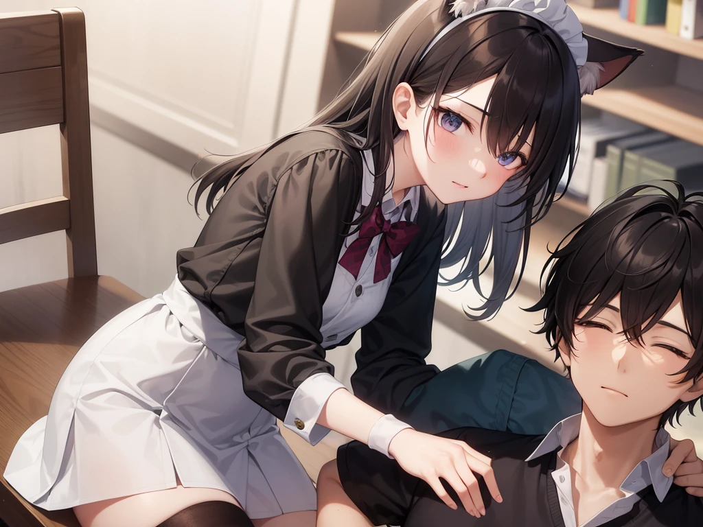 1 boy and 1 girl are best friends, They look about 20 years old, they are sitting in the library. The guy has short black hair and is wearing a school uniform....., and the girl has long brown hair and gray eyes, dressed in a maid uniform and with cat ears. The guy fell asleep at the table with his eyes closed, and the girl tries to wake her up