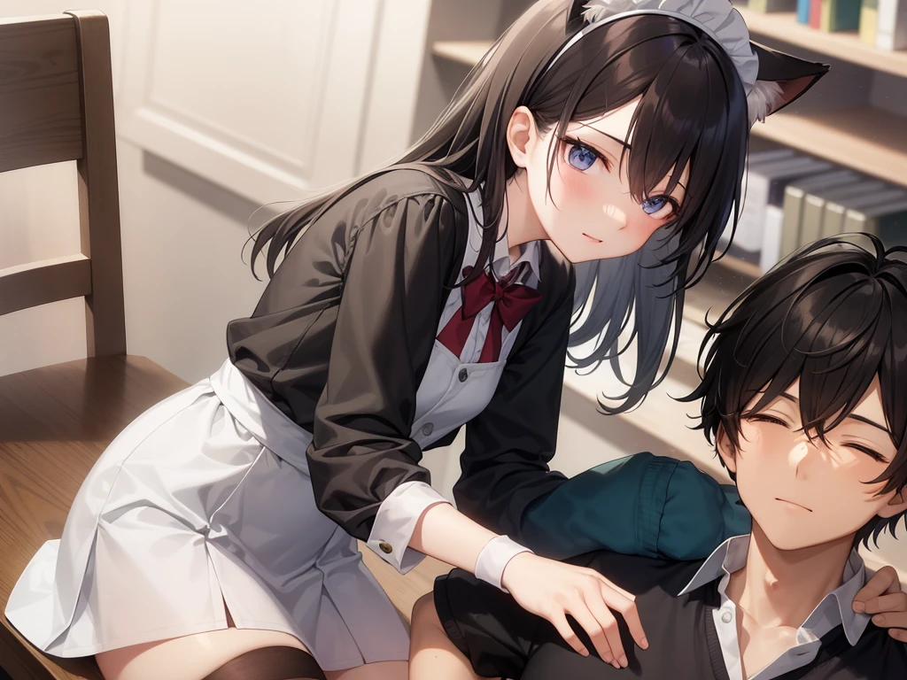 1 boy and 1 girl are best friends, They look about 20 years old, they are sitting in the library. The guy has short black hair and is wearing a school uniform....., and the girl has long brown hair and gray eyes, dressed in a maid uniform and with cat ears. The guy fell asleep at the table with his eyes closed, and the girl tries to wake her up