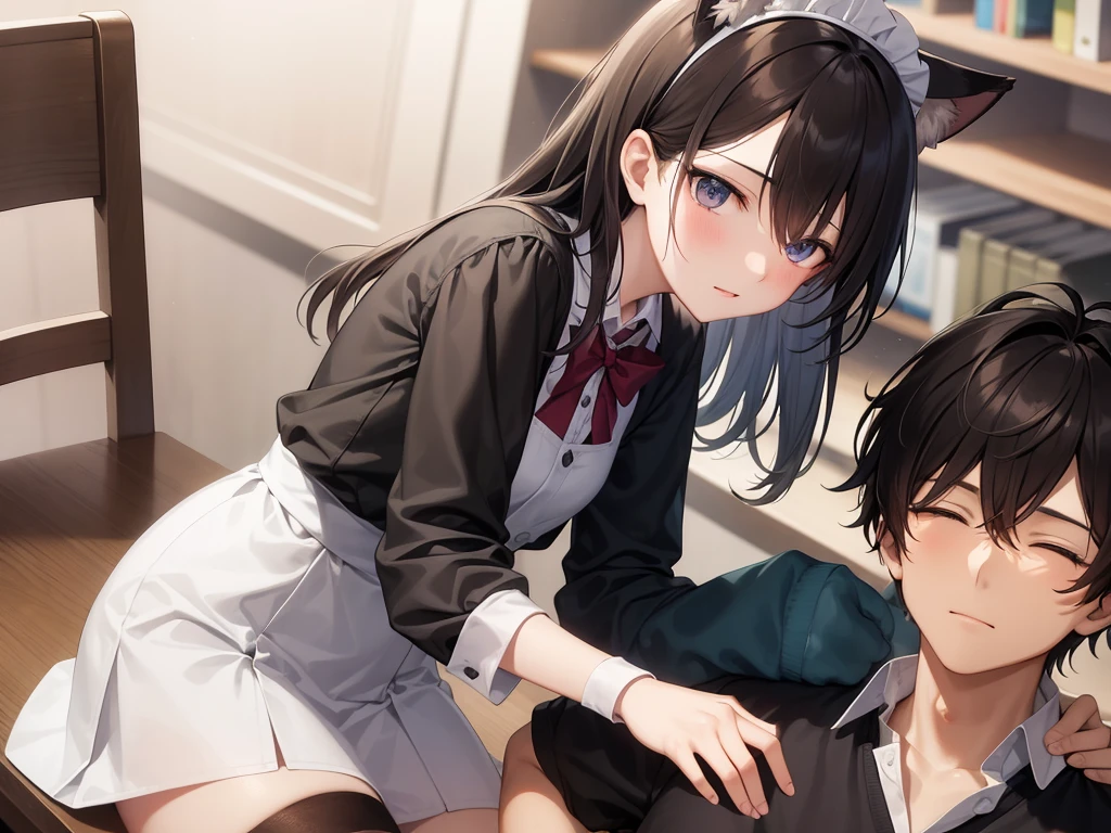 1 boy and 1 girl are best friends, They look about 20 years old, they are sitting in the library. The guy has short black hair and is wearing a school uniform....., and the girl has long brown hair and gray eyes, dressed in a maid uniform and with cat ears. The guy fell asleep at the table with his eyes closed, and the girl tries to wake her up