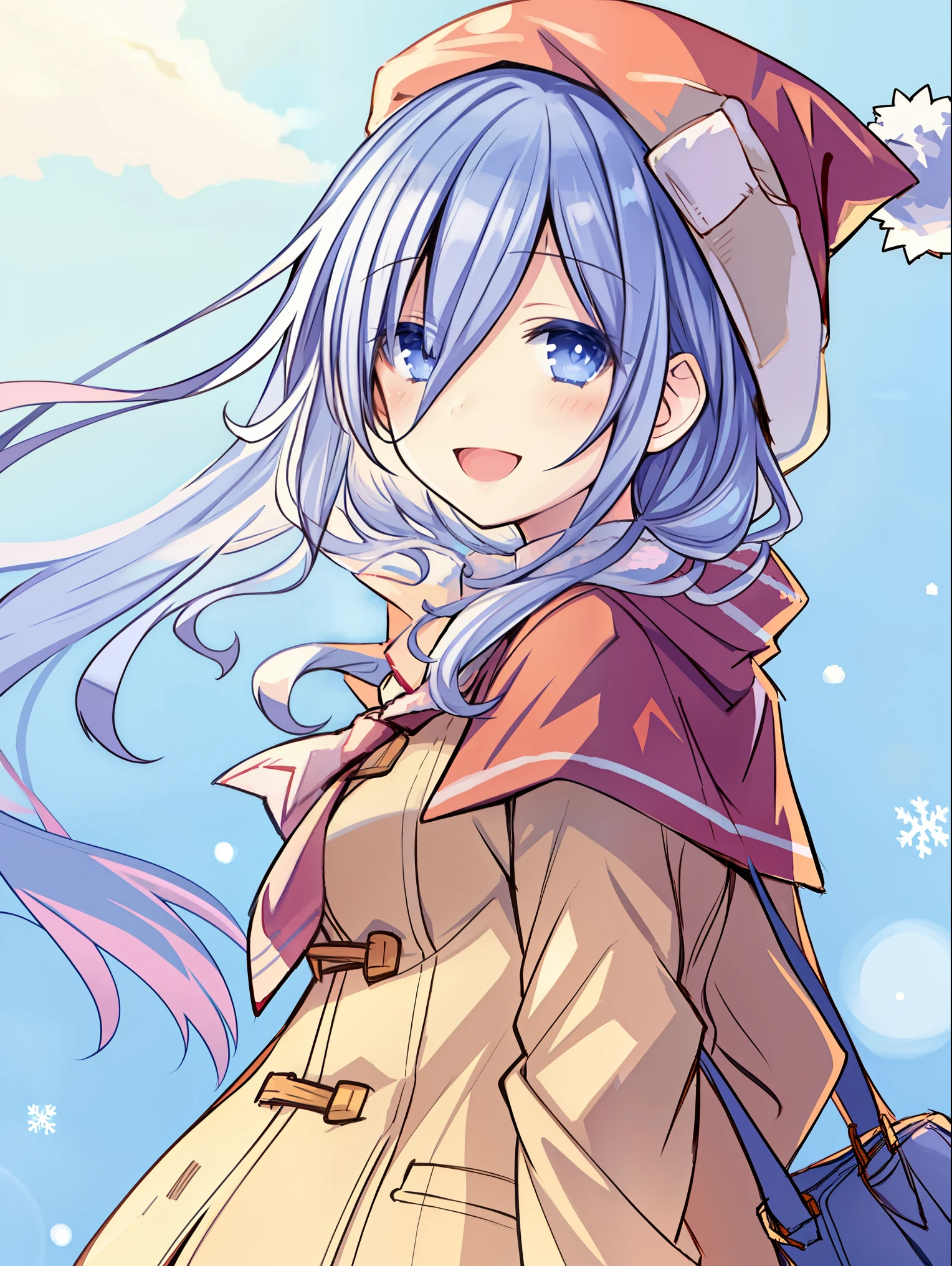 beautiful girl, light smile, open eyes, detailed eyes, school uniform, pretty anime girl, long hair, wind, red christmas hat, winter, snow