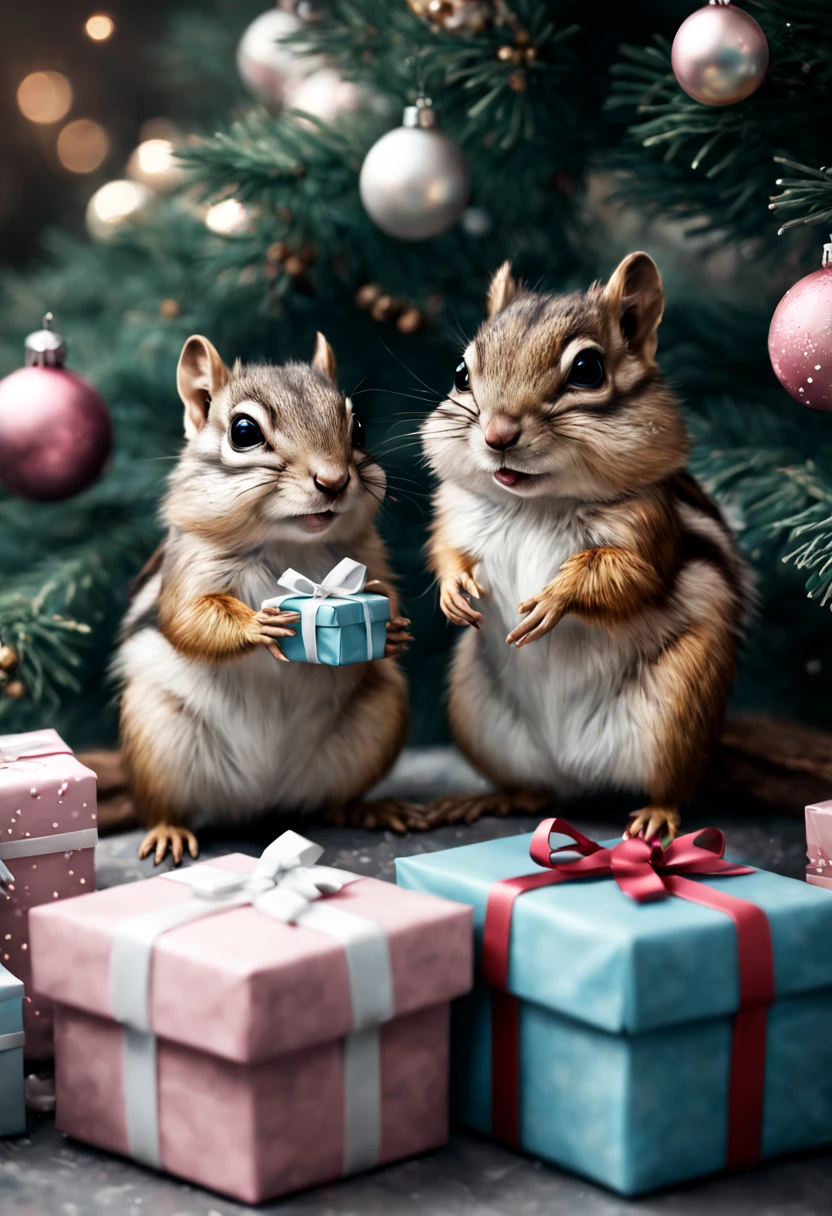 two small chipmunks sitting by a christmas tree with gifts, Cameron Gray, in the style of white and light pink, meticulous realism, sketchfab, John-Baptiste Monge, realistic color palette, i can't believe how beautiful this is, wallpaper, depictions of animals Epic cinematic brilliant stunning intricate meticulously detailed dramatic atmospheric maximalist digital matte painting