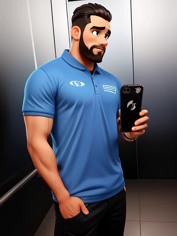 poster estilo disney pixar, olhar tranquilo, cabelo enrolado preto curto, barba curta preta e branca curta, no elevador fundo prateado, with good muscle definition if exaggerated, camiseta azul tipo dry fit escrito personal no peito esquerdo, bermuda nike preta, com celular moderno preto na tipo tirando self.