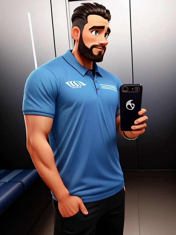 poster estilo disney pixar, olhar tranquilo, cabelo enrolado preto curto, barba curta preta e branca curta, no elevador fundo prateado, with good muscle definition if exaggerated, camiseta azul tipo dry fit escrito personal no peito esquerdo, bermuda nike preta, com celular moderno preto na tipo tirando self.