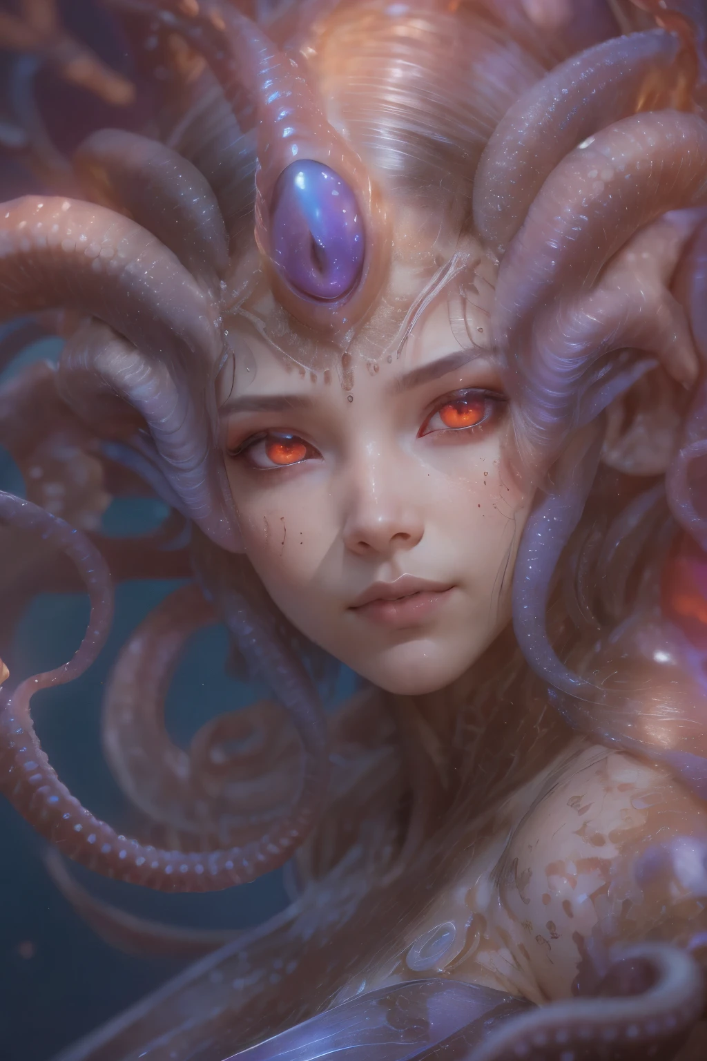 Portrait, (beautiful female alien:1.2), (There is a female genital-like organ in the middle of the forehead..:1.8), (The most beautiful face in the history of the universe:1.2), (scarlet eyes:1.6), (Translucent skin:1.8), an evil gaze that seduces , (red eyes:1.5), Full body like, (sexypose:1.5), alien, No humans, cells are fused, (Lots of translucent tentacles:1.1) (Translucent skin:1.3), extraterrestrial, cell, bio image, 魅惑的, Best Quality, 8K,4K_quality, High Definition, Dramatic Lighting, masutepiece:1.5,cinematic quality, detail up, (Intricate details:1.2), High resolution, High Definition, drawing faithfully, (Thick eyebrows:1.2), Beautiful eyes with fine symmetry, (Ultra detailed eyes:1.2),(Highly detailed face and eyes:1.2), (High-resolution red-eye:1.4), Intimate face, (Super detailed skin quality feeling:1.4), Perfect Anatomy, (Beautiful toned body:1.5), (Moist skin:1.2), No makeup, (dark circles:1.1), long canines, cinematic drawing of characters, ultra high quality model, cinematic quality, detail up, (Intricate details:1.2), High resolution, High Definition, drawing faithfully, Official art, Unity 8K wall , 8K Portrait, Best Quality, Very High resolution, ultra detailed artistic photography, midnight aura, unreal enginee 5, Ultra Sharp Focus, art by alberto seveso, ArtGerm, Roisch, intricate artwork, Medusa, best quality, masutepiece, ultra High resolution, (photos realistic:1.4), Ultra-realistic realism, dream-like, nautilus, Creation of fantasy, Snail, Dream Snail, biopunk nautilus, Thrilling color schemes, Ultra-realistic realism, seductively smiling, Blue tentacles