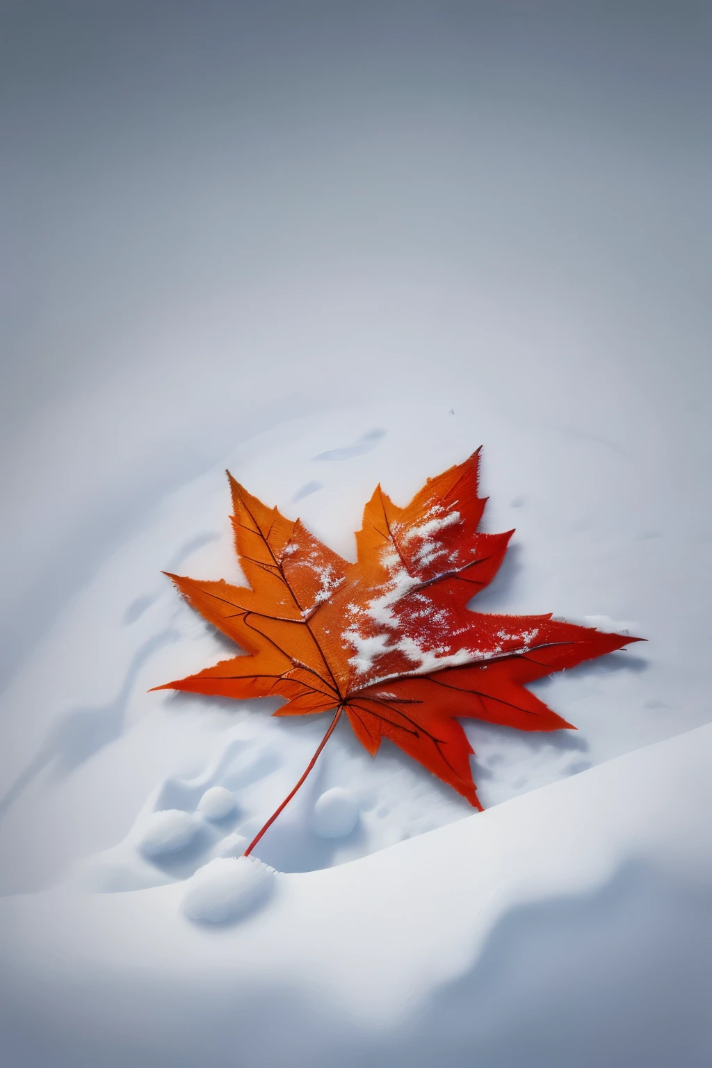 A maple leaf falls,Pure white snow,Reallightandshadow,low-saturation