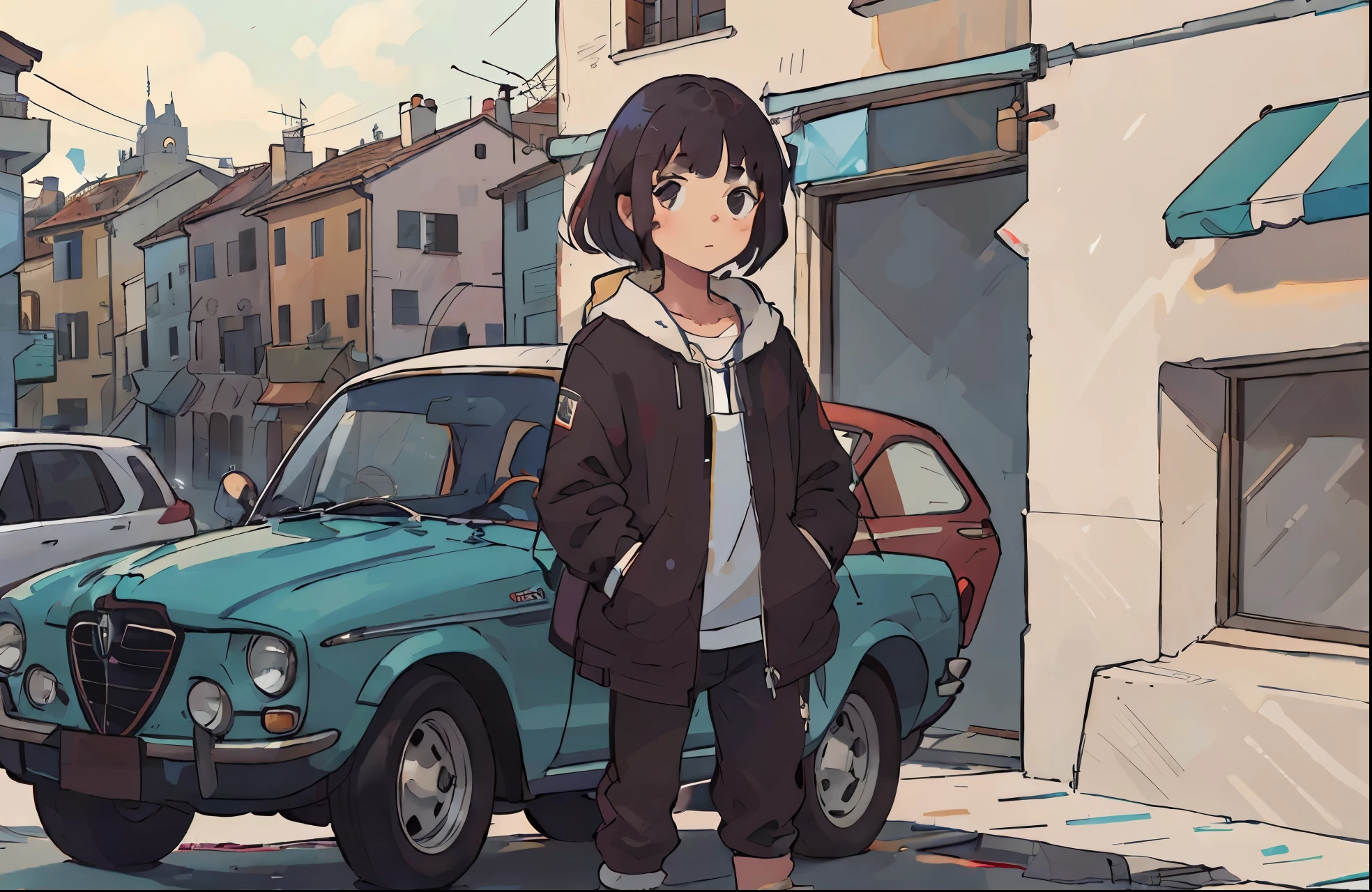 A girl standing next to an Alfa Romeo in an Italian city.