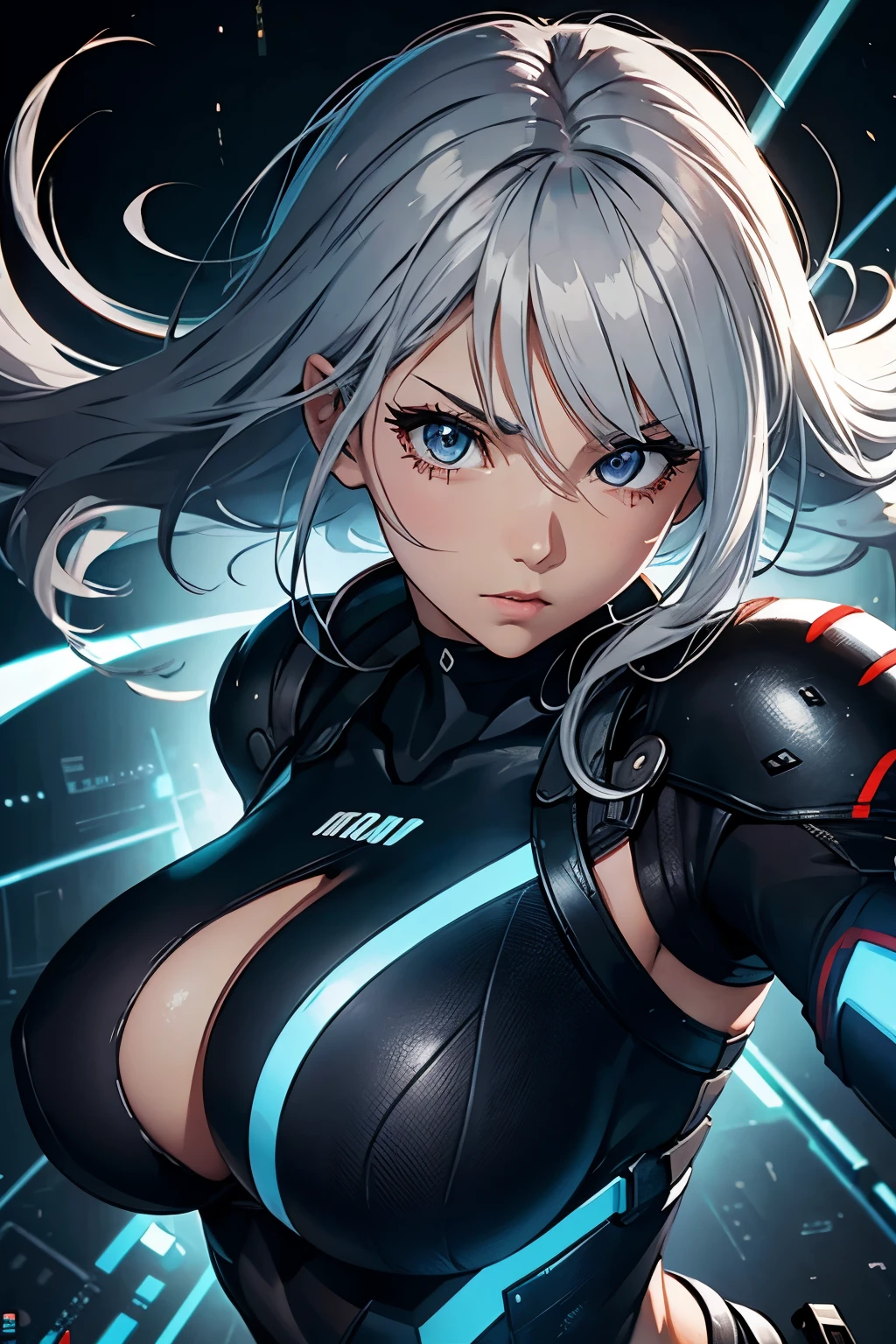 (best quality,ultra-detailed), anime girl, boku no hero, black and gray hair, sharp face, huge breasts, gray eyes, dynamic pose, vibrant colors, glowing energy,