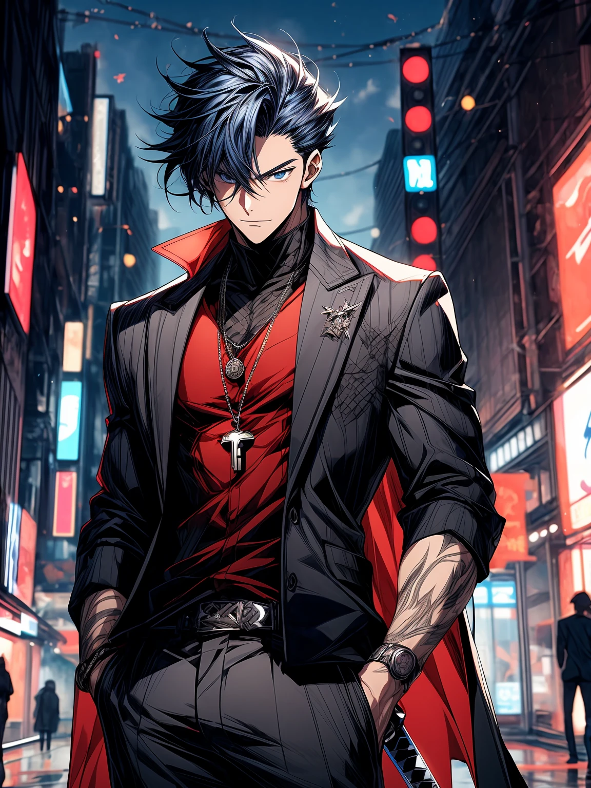 anime character with a sword and a demon face on a city street, handsome guy in demon slayer art, handsome japanese demon boy, detailed anime character art, male anime character, key anime art, trigger anime artstyle, detailed digital anime art, detailed key anime art, badass anime 8 k, male anime style, [[[[grinning evily]]]]