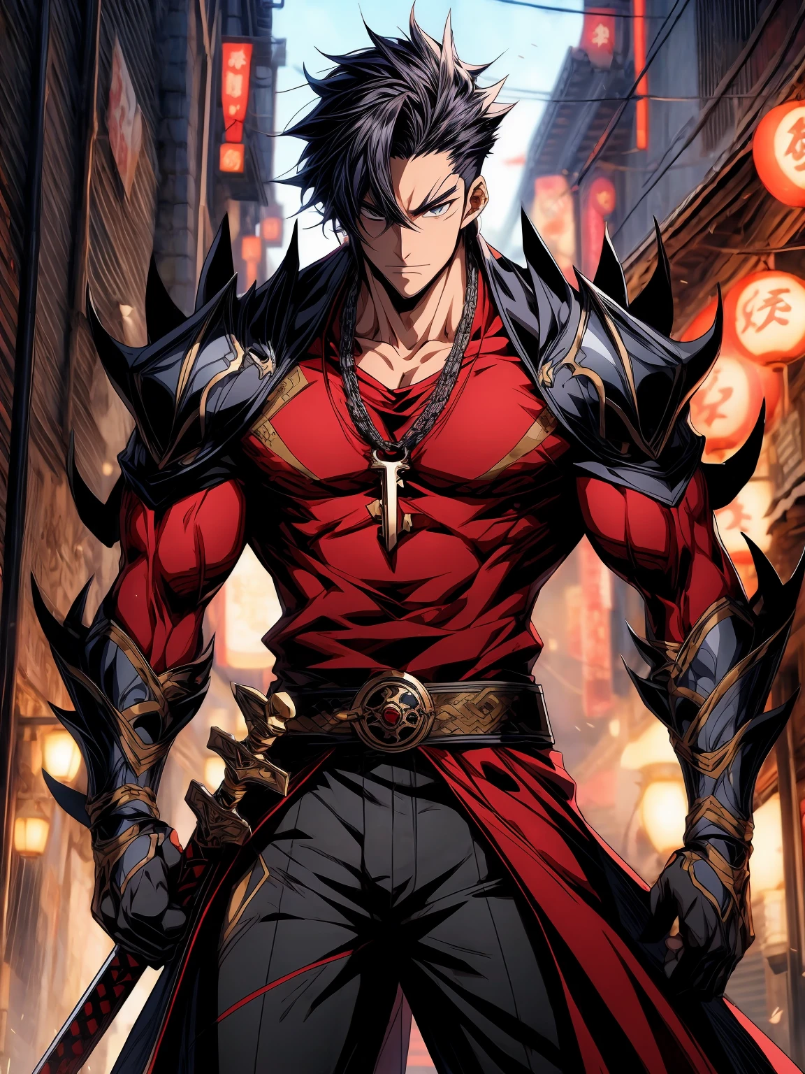 anime character with a sword and a demon face on a city street, handsome guy in demon slayer art, handsome japanese demon boy, detailed anime character art, male anime character, key anime art, trigger anime artstyle, detailed digital anime art, detailed key anime art, badass anime 8 k, male anime style, [[[[grinning evily]]]]