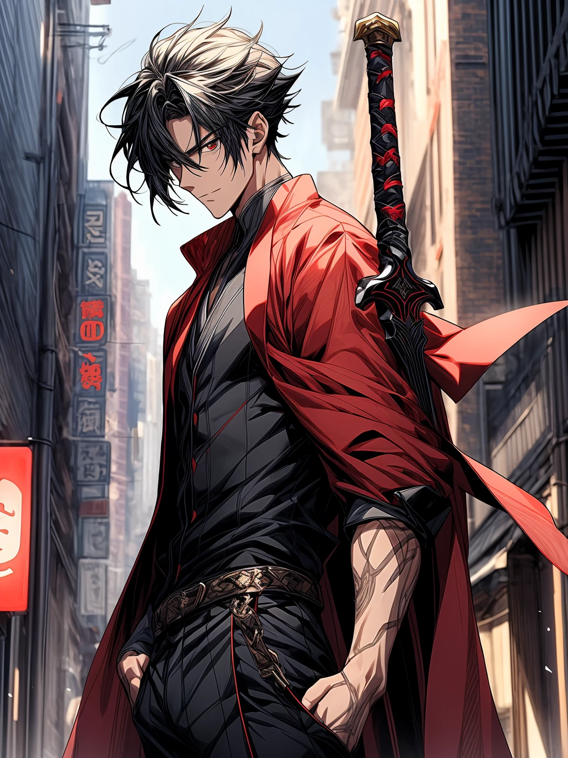 anime character with a sword and a demon face on a city street, handsome guy in demon slayer art, handsome japanese demon boy, detailed anime character art, male anime character, key anime art, trigger anime artstyle, detailed digital anime art, detailed key anime art, badass anime 8 k, male anime style, [[[[grinning evily]]]]