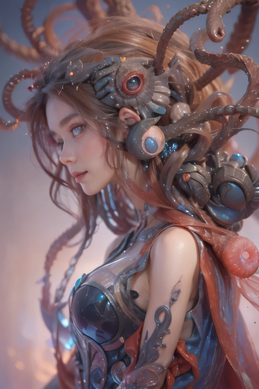 Portrait, (beautiful female alien:1.2),  (There is a female genital-like organ in the middle of the forehead.:1.8), (The most beautiful face in the history of the universe:1.2), (scarlet eyes:1.6), (Translucent skin:1.8), an evil gaze that seduces , (red eyes:1.5), Full body like, (sexypose:1.5), alien, No humans, cells are fused, (Lots of translucent tentacles:1.1) (Translucent skin:1.3), extraterrestrial, cell, bio image, 魅惑的, Best Quality, 8K,4K_quality, High Definition, Dramatic Lighting, masutepiece:1.5,cinematic quality, detail up, (Intricate details:1.2), High resolution, High Definition, drawing faithfully, (Thick eyebrows:1.2), Beautiful eyes with fine symmetry, (Ultra detailed eyes:1.2),(Highly detailed face and eyes:1.2), (High-resolution red-eye:1.4), Intimate face, (Super detailed skin quality feeling:1.4), Perfect Anatomy,  (Beautiful toned body:1.5),  (Moist skin:1.2), No makeup, (dark circles:1.1), long canines, cinematic drawing of characters, ultra high quality model, cinematic quality, detail up, (Intricate details:1.2), High resolution, High Definition, drawing faithfully, Official art, Unity 8K wall  , 8K Portrait, Best Quality, Very High resolution, ultra detailed artistic photography, midnight aura,  unreal enginee 5, Ultra Sharp Focus, art by alberto seveso, ArtGerm, Roisch, intricate artwork, Medusa, best quality, masutepiece, ultra High resolution, (photos realistic：1.4), Ultra-realistic realism, dream-like,  nautilus, Creation of fantasy, Snail, Dream Snail,  biopunk nautilus, Thrilling color schemes， Ultra-realistic realism， seductively smiling, Blue tentacles
