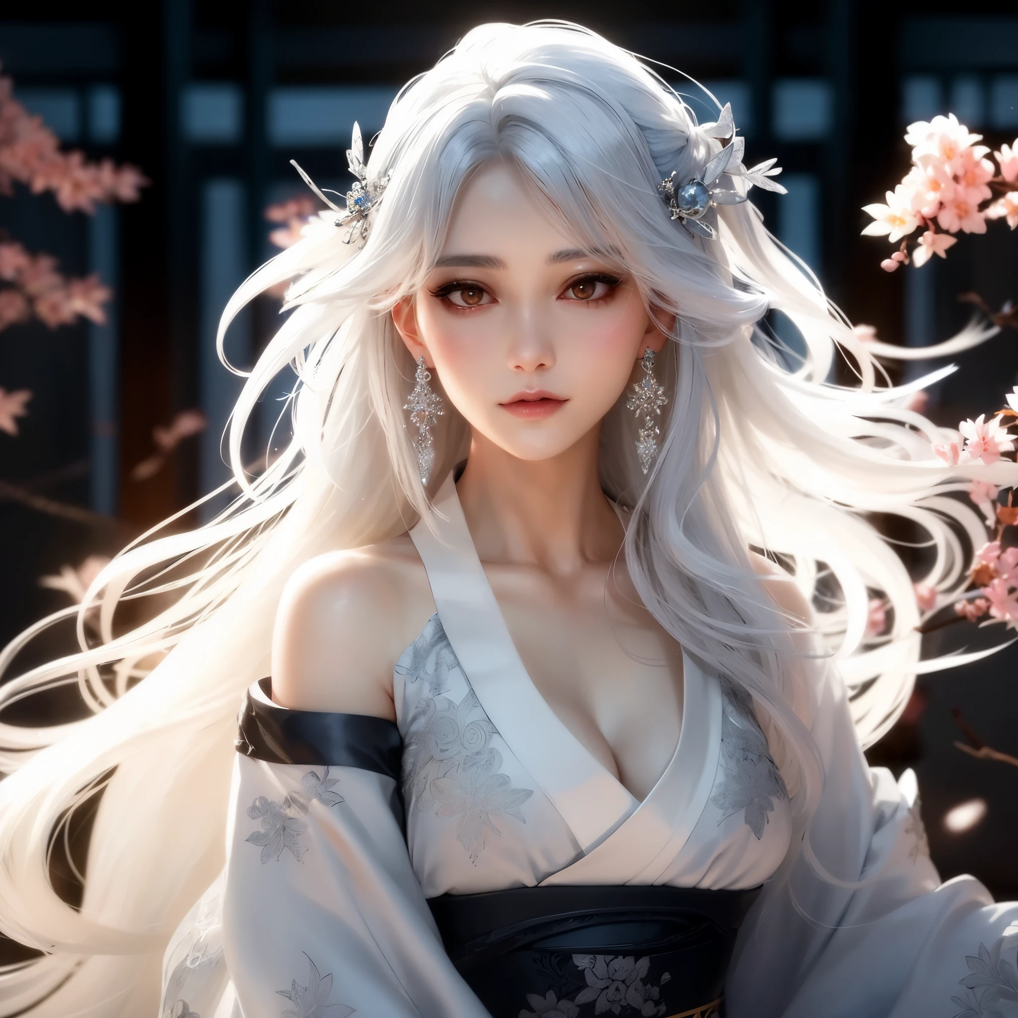 a close up of a woman Has gray hair and a white dress, White hair deity, Flowing white hair, Has gray hair, Detailed long white hair, Has white hair, White hair的女孩, beautiful anime woman, Guweiz style artwork, White hair, Baiji haircut hairstyle, long Flowing white hair, guweiz