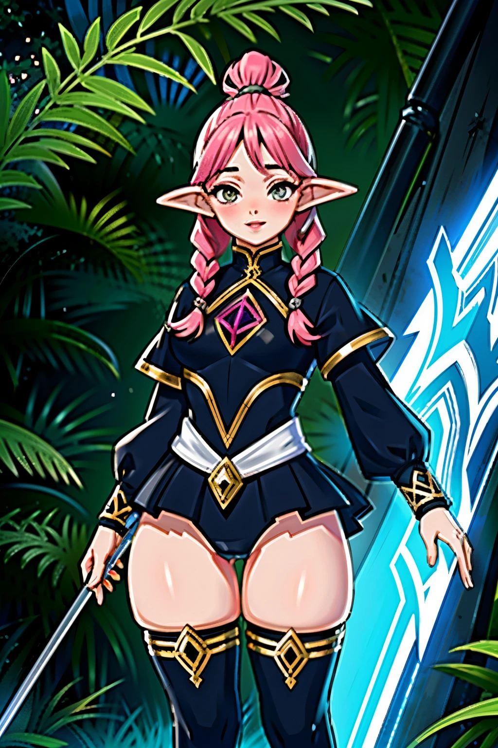 3DMM, sagging breasts, A 18 year old girl, e pequena conversando com o vizualizador, the upper part of the body noticeably small compared to the lower part, corpo inteiro, estilo medieval fantasia, pele branca, ((cabelo rosa)), (elfa pequena), pequena fofa, corpo fofo e extremamente pequenino, rosto fofo, innocent expression, olhos gigantes, seductive lips, ((((seios massivos e grandes)))), seios volumosos pulando do seu decote, (seios pesados), mamilos massivos, two braids, magra (Exageradamente sexualizada), pouca roupa, sexy hunter outfit (microsaia), ultra-sexualizada, sexualizada, , corpo suado, numa floresta a noite iluminada por uma fogueira, Sharp focus, unreal engine, Cinematic.