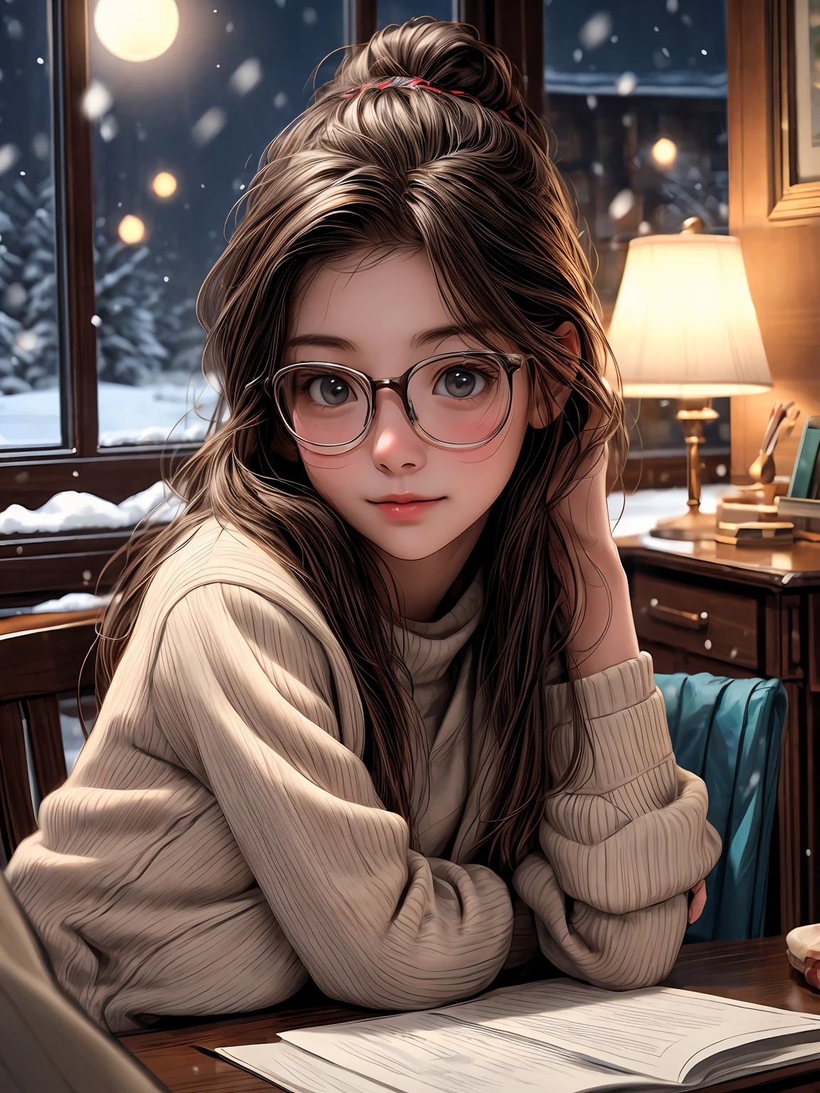 a girl studying in front of the desk, at night , hard-working , in the winter , snowy outside,wearing a cotton-padded jacket, in the style of hyper - realistic town, whimsical beauty, soft brushstroke realism, flat yet expressive, realistic paintings, strong facial expression, soft - edged,Alan Davis::13 --s 400 --style scenic