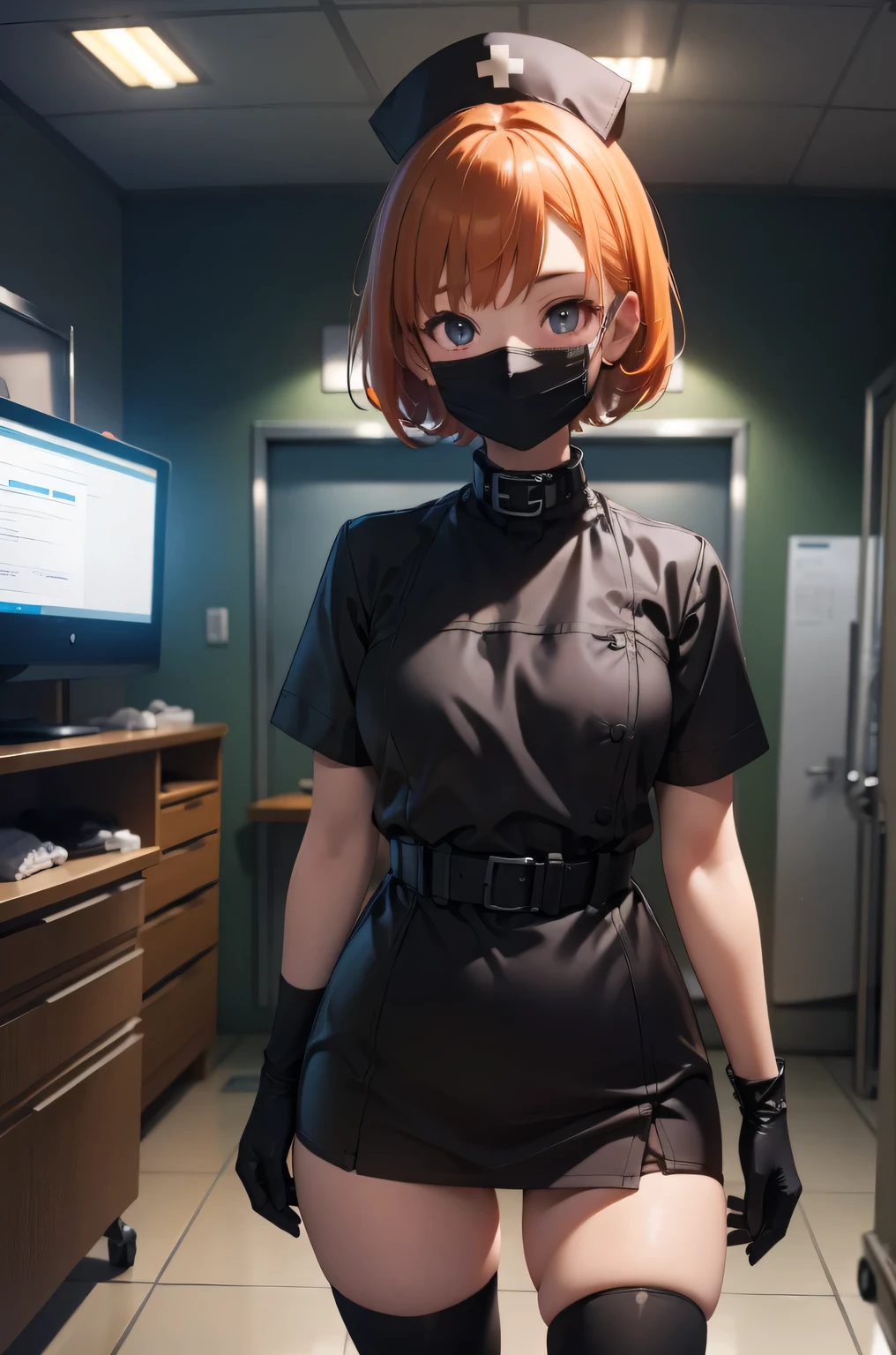 black nurse, 1girl, solo, black nurse cap, black wear, ((black legwear, zettai ryouiki)), black elbow gloves, very short hair, orange hair, ((black surgical mask, covered nose)), standing, ((surgery room)), sharp outline, short sleeves, tomboy, boyish, best quality, masterpiece