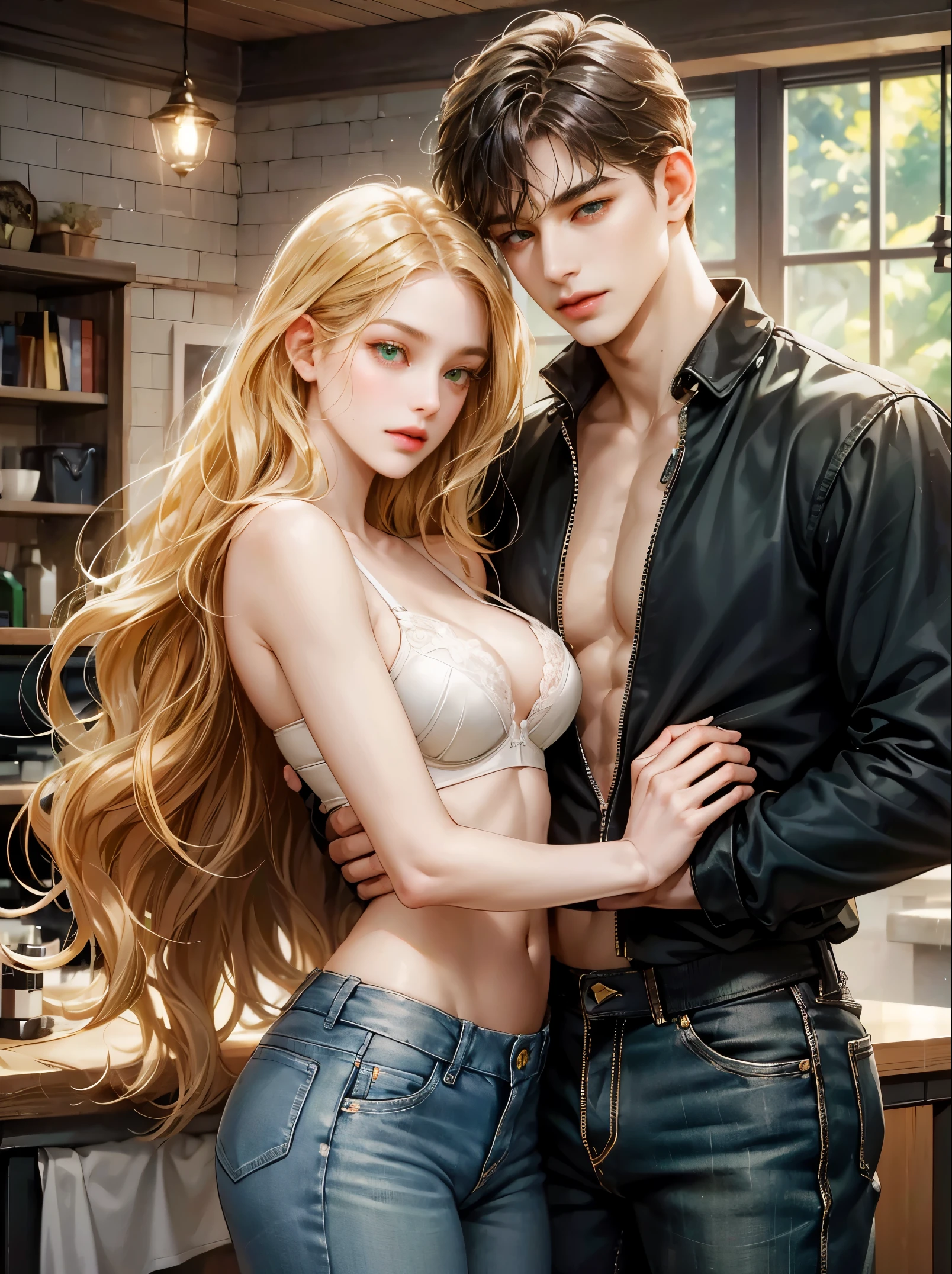 Couple, 1 girl 1 boy, different hair color, long blonde hair, wavy hair, no bangs, grey eyes. She wears bra and underwear. Short black hair, wavy and (green eyes) shirtless and jeans, height different, detailed eyes, face, hand. They hug. They are in a workshop. Full Figure.