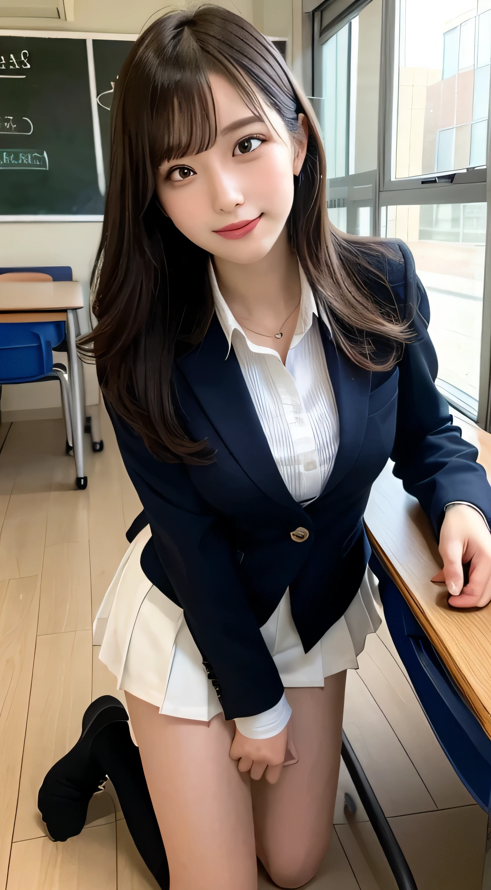 masutepiece, Best Quality, Illustration, Ultra-detailed, finely detail, hight resolution, 8K Wallpaper, Perfect dynamic composition, Beautiful detailed eyes, ,Medium Hair, Big breasts, Natural Color Lip, Random and sexy poses,Smile、20 years girl、 After-school classroom、 high school giller suit、a miniskirt、Loose socks、