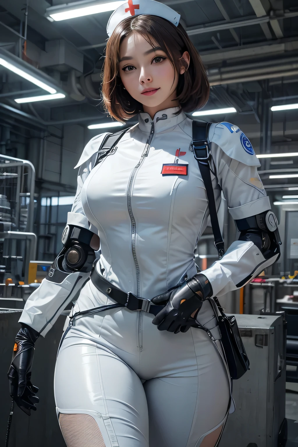 (Highest image quality, outstanding details, ultra-high resolution), 1 girl, (wearing white futuristic military nurse outfit), (glamour body:1.2, buffed and muscular body), (a bit chubby:0.5), (futuristic military nurse outfit inspired by bike suit and industrial manufacturing robot, military harness, military gears such as pouches), background military base, mild smile, dynamic pose, dramatic lighting,