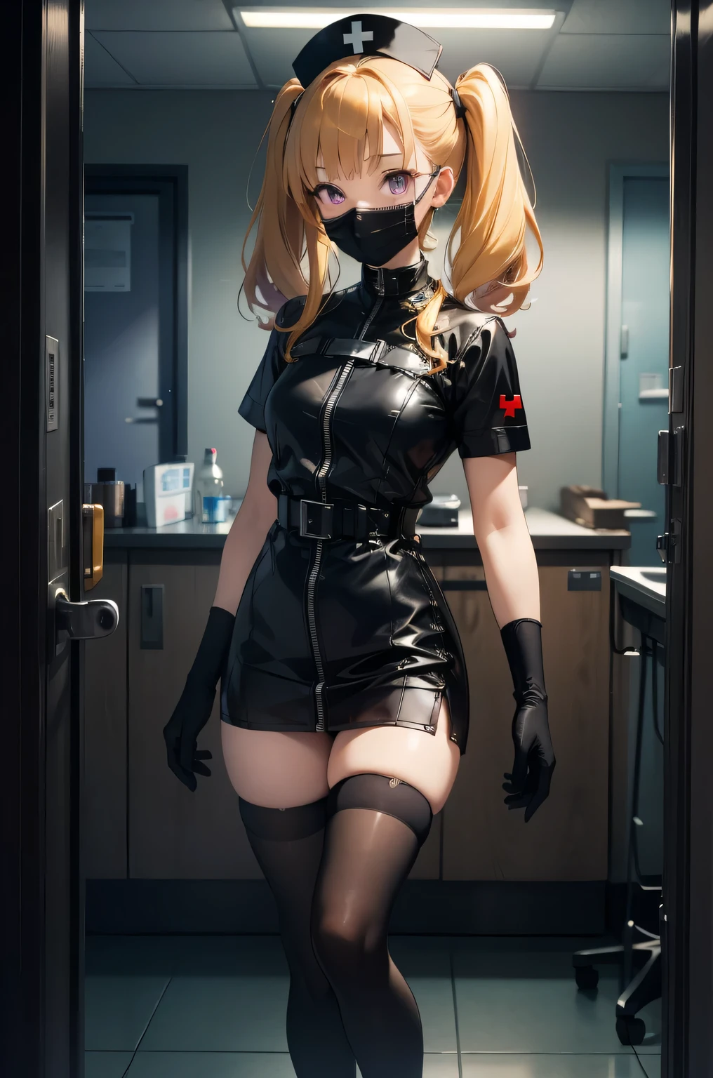 black nurse, 1girl, solo, black nurse cap, black wear, ((black legwear, zettai ryouiki)), black elbow gloves, twintails, yellow hair, purple eyes, ((black surgical mask, covered nose)), standing, ((surgery room)), sharp outline, short sleeves, best quality, masterpiece