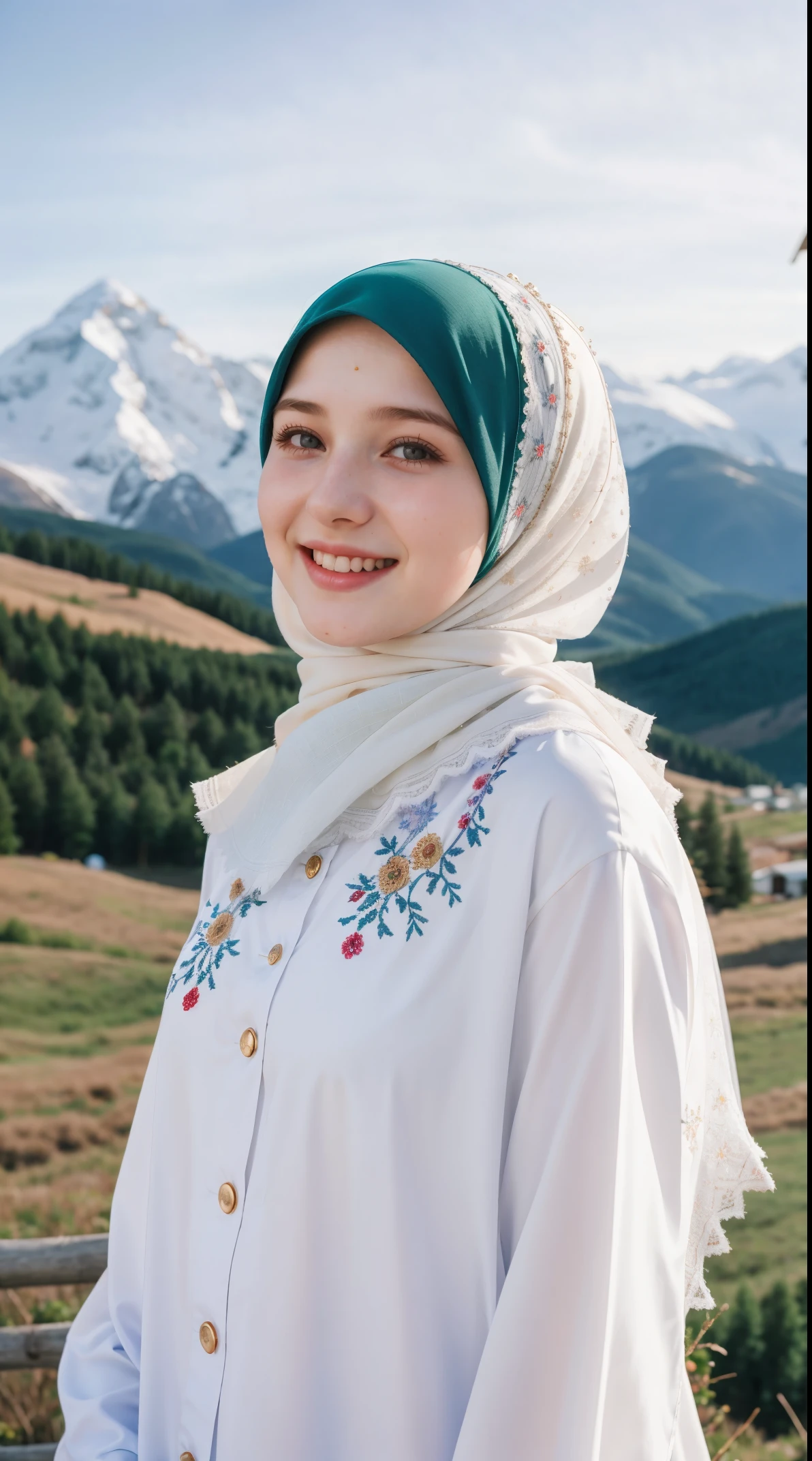 1 Girl, Beautiful, Russian , 20 Years Old, White Skin, Colourful Hijab Muslim Outfit, Mountain Farmer Outdoor Background, Wind, Laughing, Tighten Breast, ((bokeh:1.4))