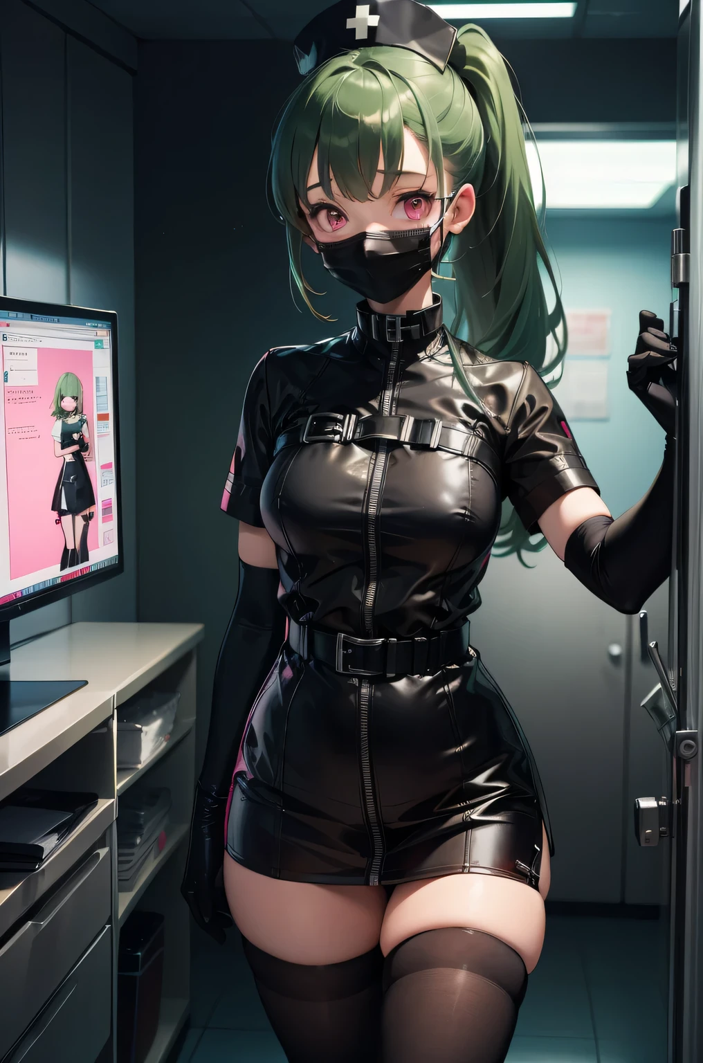 black nurse, 1woman, solo, black nurse cap, black nurse uniform, ((black legwear, zettai ryouiki)), black elbow gloves, forehead, long hair, green hair, pink eyes, ((black surgical mask, covered nose)), standing, ((surgery room)), sharp outline, short sleeves, mature female, 35 years old, best quality, masterpiece