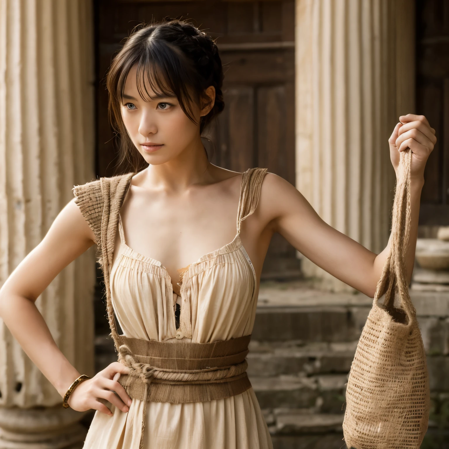 ancient roman female slave。He is wearing slave clothes made from a jute bag.。