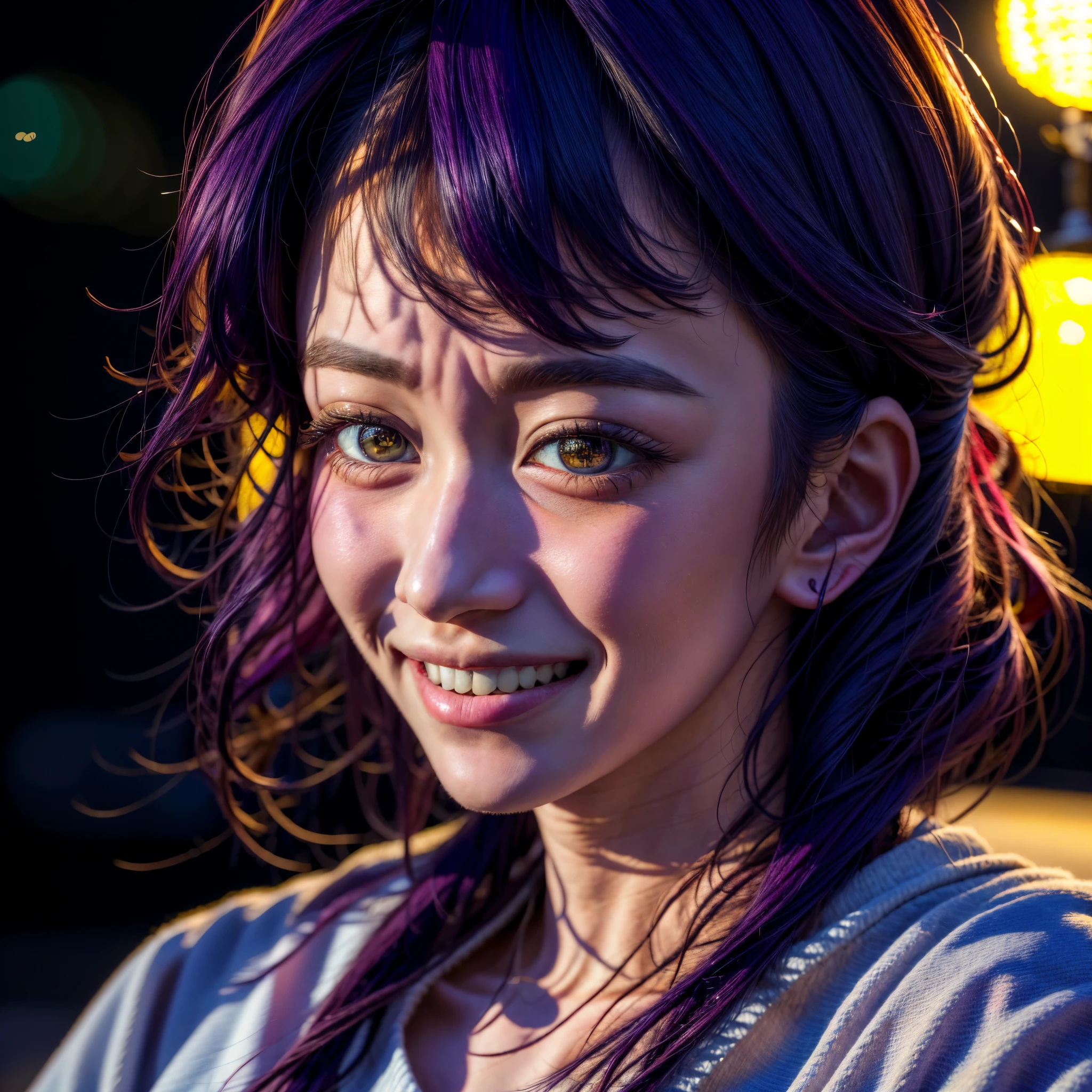 A girl, Ai Hoshino (Oshi no KO), beutiful girl of 20, wearing a idols clothes, vibrant colrful eyes, puple hair, sharp and beautiful face, ever smiling face of a idol((Oshi no Ko)), She looks gorgeous, Photorealistic photo, ultra high res, UHD, HD, Surrealism, cinematic lighting, UHD, retina, ccurate, masterpiece, anatomically correct, textured skin, super detail, high details, award winning, high quality, best quality, highres, 1080P, HD