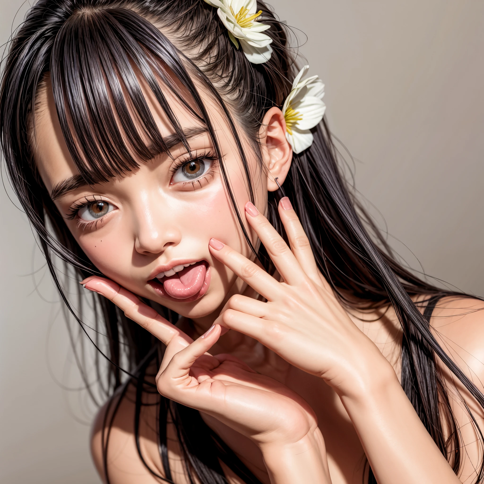(tongue out, colorful flowers background, White and Red, best quality,ultra-detailed,physically-based rendering:1.2), realistic,portrait,beautiful young woman with long wavy hair and mesmerizing eyes,delicate facial features, Glossy Red Lips, Glistening ivory skin, ((tongue playfully licking finger, fingers delicately holding in mouth)), (close-up shot of sensual lips),subtle blush on cheeks,sensual and sophisticated, alluring gaze. full of flowers covering girl's body, (correct hand, not Detailed fingers:-0.9), (((nipple:-0.9))) .