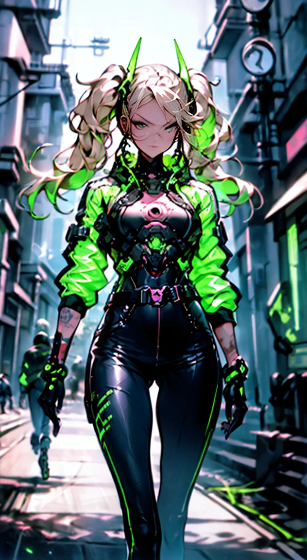 8K,Ultra Detail,ultra-quality,ultra precision,ultimate masterpiece,GAL,big boobs,big Thigh,white leather jacket,jeans,twin tail(blond&pink mix),cool Graffiti on the wall,Cyber punk street,dash,trail(neon green)