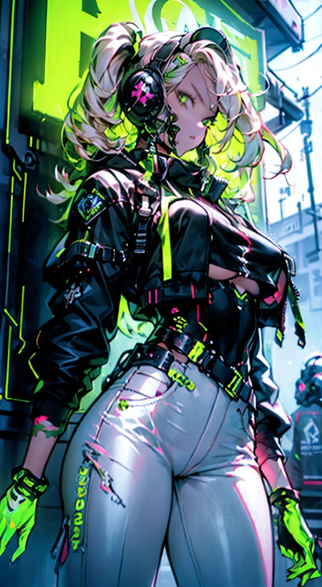 8K,Ultra Detail,ultra-quality,ultra precision,ultimate masterpiece,GAL,big boobs,big Thigh,white leather jacket,jeans,twin tail(blond&pink mix),cool Graffiti on the wall,Cyber punk street,dash,trail(neon green)