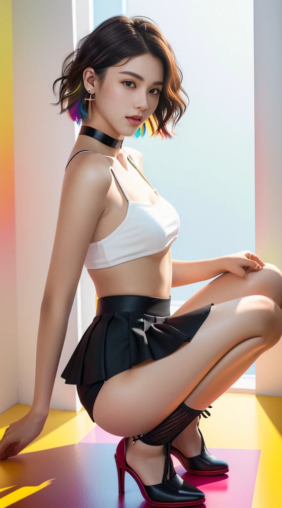 ((medium breast, tomboy girl, small head)), daylight, sunlight, (perfect body: 1.1), (young), (short wavy hair: 1.2) , choker, full body shot, crowded street, ((miniskirt)), (extremely detailed CG 8k wallpaper), (an extremely delicate and beautiful), (masterpiece), (best quality:1.0), (ultra highres:1.0), beautiful lighting, stiff nipple, perfect lightning, pulling skirt, realistic shadows, [highres], detailed skin, ultra-detailed, spread thigh, one leg up, squatting on the floor, black thigh high, red high heels, large earring, thighs, (((colorful))), (micro bikini), angle from below, mesh skirt