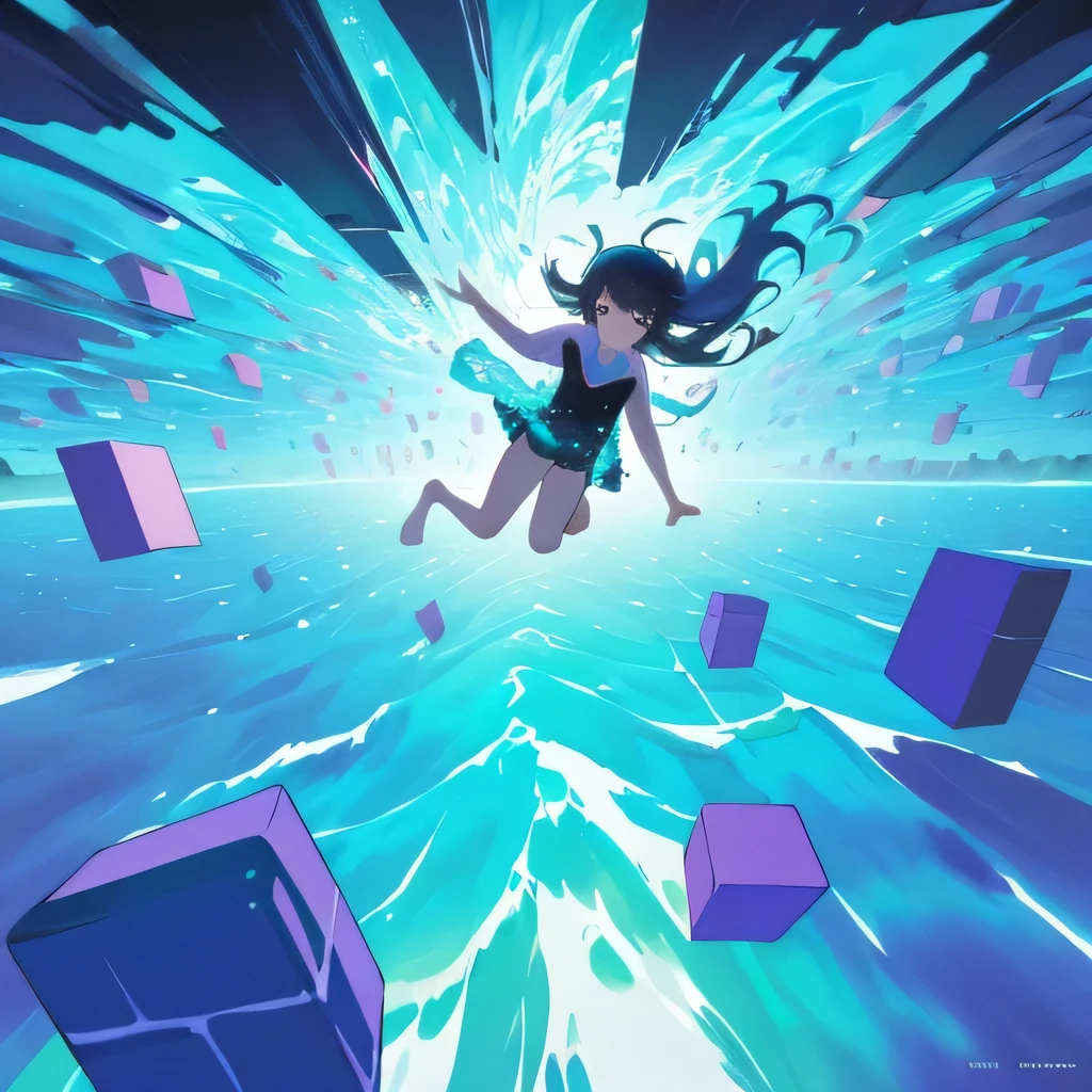 minimalistic girl flying through a wave of cubes, ((looking into a trippy sea)), perspective, epic, colorful, cover art, cinematic, (((minimalistic))), trippy