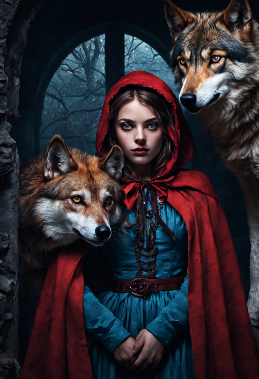 mesmerizing portrait of red riding hood and the wolf with eyes full of stories and a face untouched by time. behind them, the eyes, like windows to the soul, reveal a multitude of emotions and experiences, while the serene expression on the face remains undisturbed. this artwork exudes a sense of mystery and depth Epic cinematic brilliant stunning intricate meticulously detailed dramatic atmospheric maximalist digital matte painting