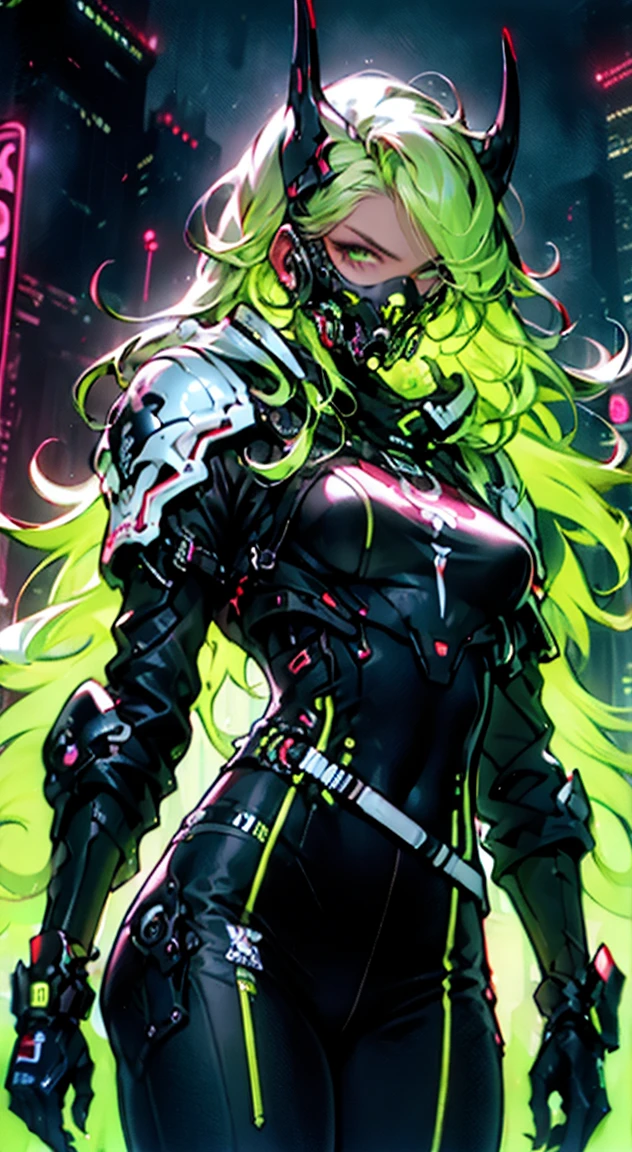 masterpiece, highest quality, (solo focus), (perfect face:1.1), (full body), (high detail:1.1), (hyper detailed eyes), dramatic, a woman with paleskin and long dark green hair, bright green eyes, solo, arrogant expression, neon cybernetic outfit, white background, art by artgerm, cinematic lighting, fashion, BalenciagaStyle