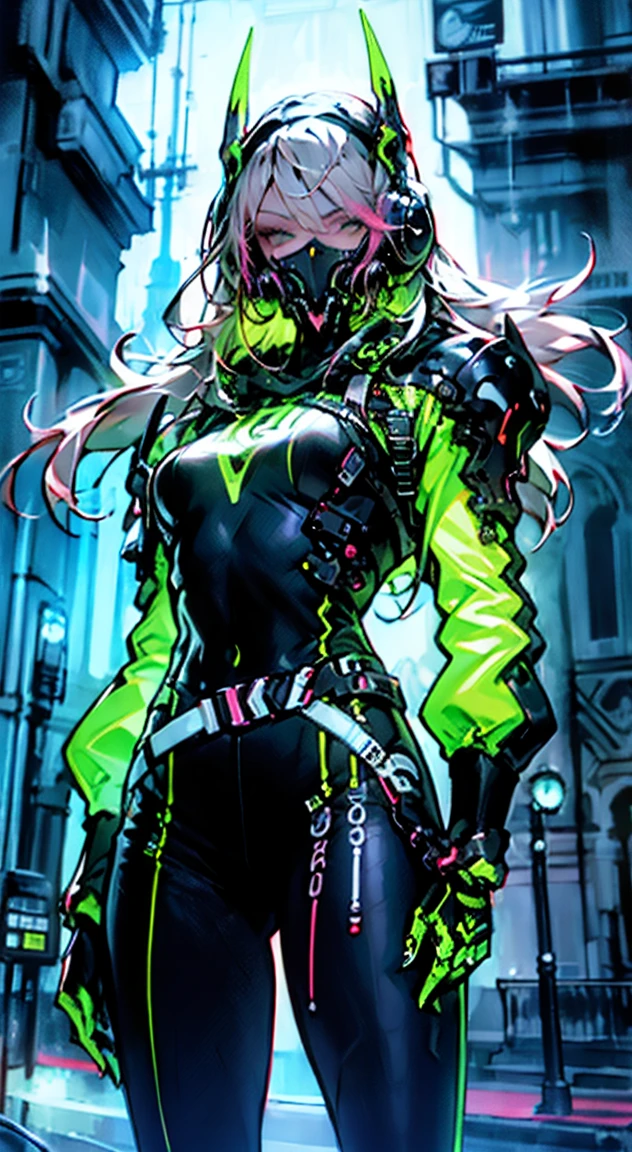 8K,Ultra Detail,ultra-quality,ultra precision,ultimate masterpiece,GAL,big boobs,big Thigh,white leather jacket,jeans,twin tail(blond&pink mix),cool Graffiti on the wall,Cyber punk street,light trail(neon green)
