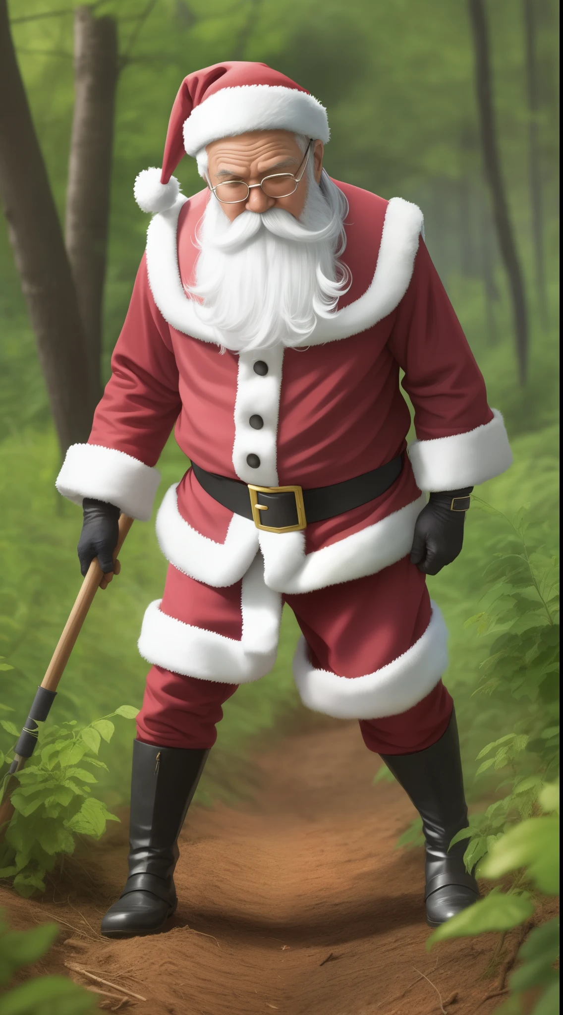 Anime Santa Claus in green clothing planting a tree in a devastated forest area --auto --s2