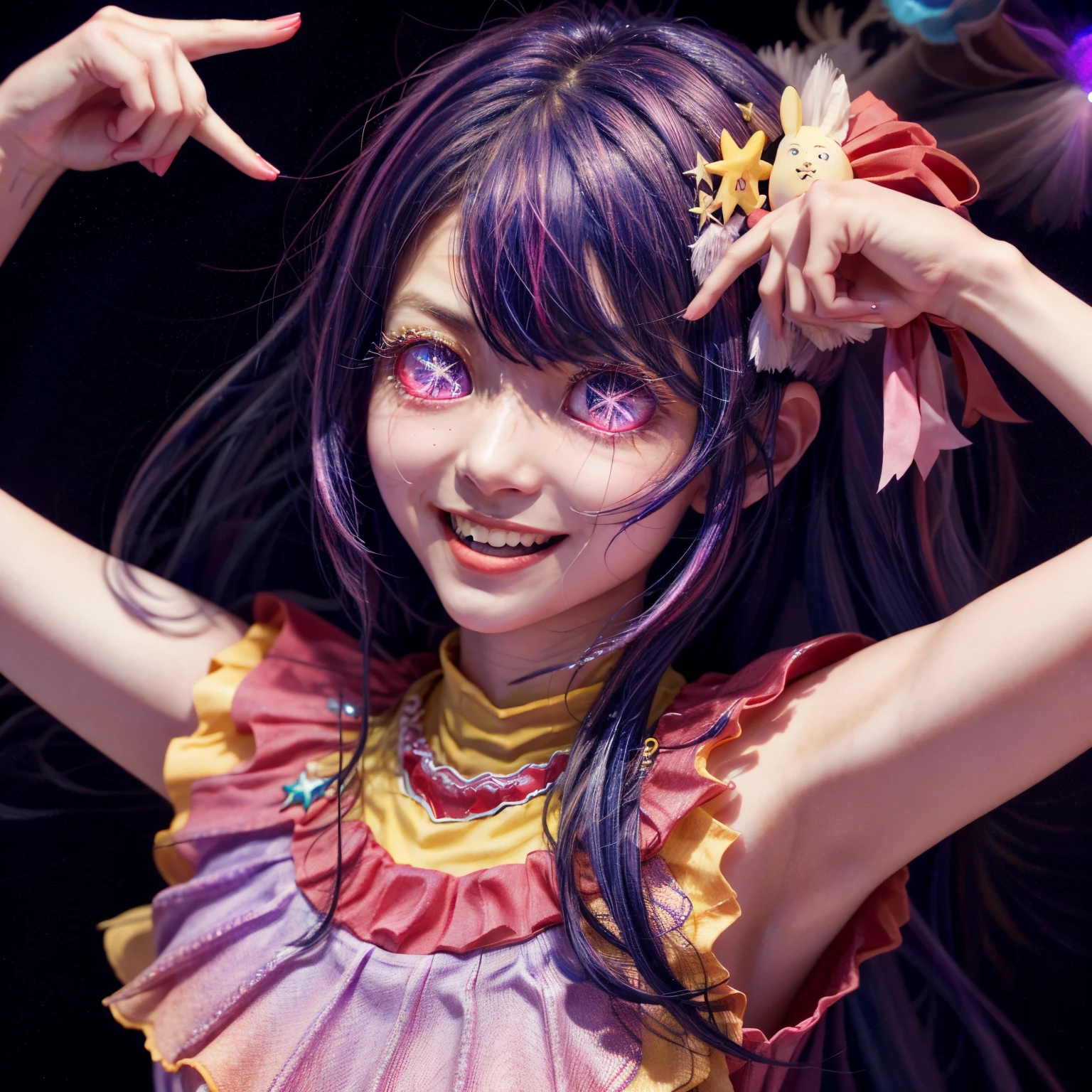 A girl, Ai Hoshino (Oshi no KO), beutiful girl of 20, wearing a idols clothes, vibrant colrful eyes, puple hair, sharp and beautiful face, ever smiling face of a idol((Oshi no Ko)), She looks gorgeous, Photorealistic photo, ultra high res, UHD, HD, Surrealism, cinematic lighting, UHD, retina, ccurate, masterpiece, anatomically correct, textured skin, super detail, high details, award winning, high quality, best quality, highres, 1080P, HD, wearing a idols unifrom, wearing a idols charismatic smile to win over anyones smile, very beautiful in real life, she has star pattern inside of her eye.