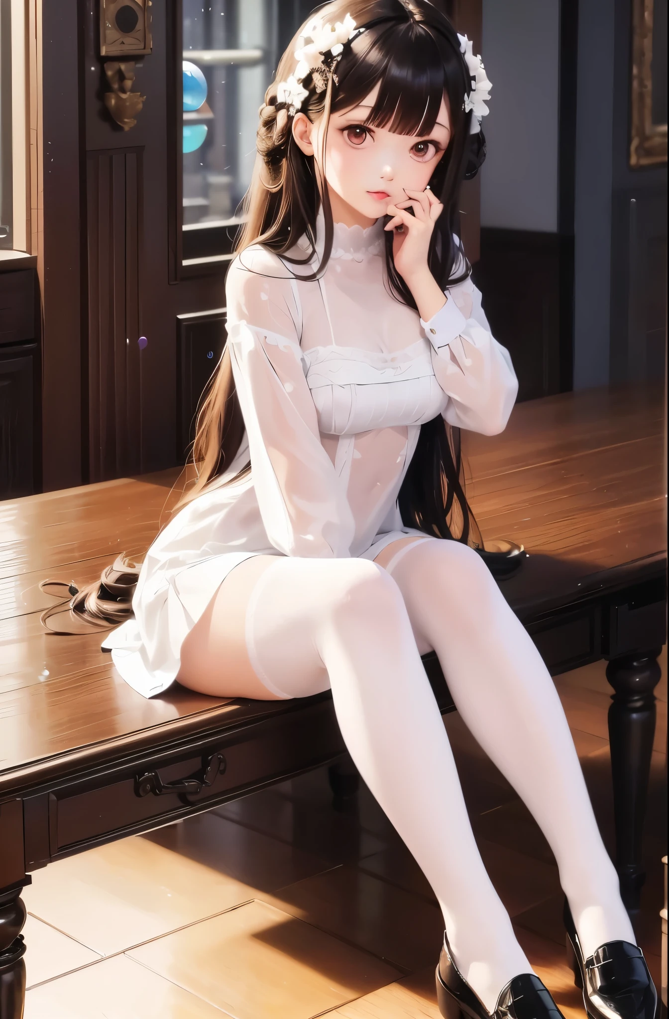 (tmasterpiece), (Best quality at best), (offcial art, extremely detaild的 CG unified 8k wallpapers), (The content is very detailed), ((Ridiculous resources)), 1 Sister, Detailed facial features in medium shot),(Thurford:1.3) ((SFW)),((Clean your hands)), ((white stockings shoes)),Water-colored eyes, Colored Contact Lenses, There are stars in the eyes, (((Colorful bubbles))), colored glass, (album covers)