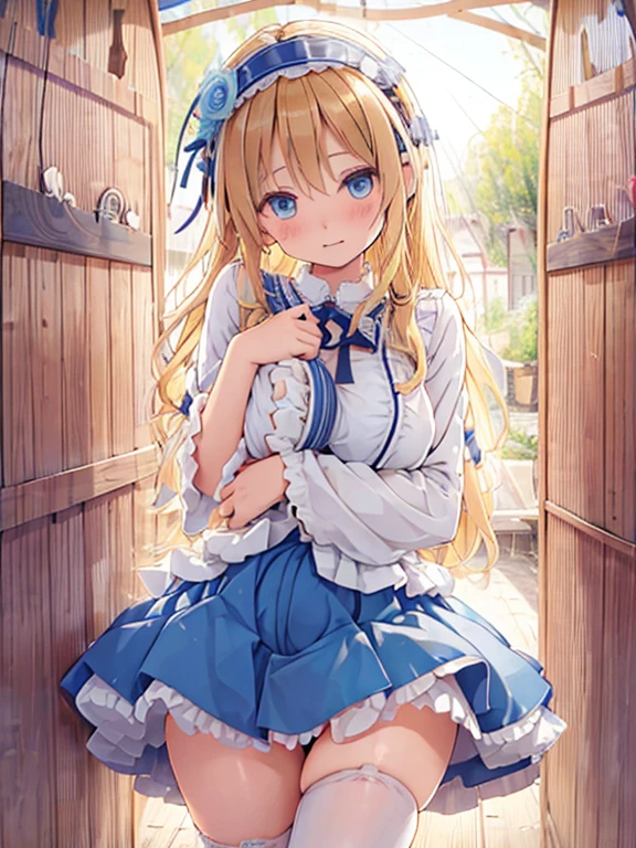 Blue eyed  girl with cute blonde wavy headband is undressed。pants are off、down to the knees。Tits and pussy are visible。are small。lolita。The striped pussy is spreading。SEX。NFSW