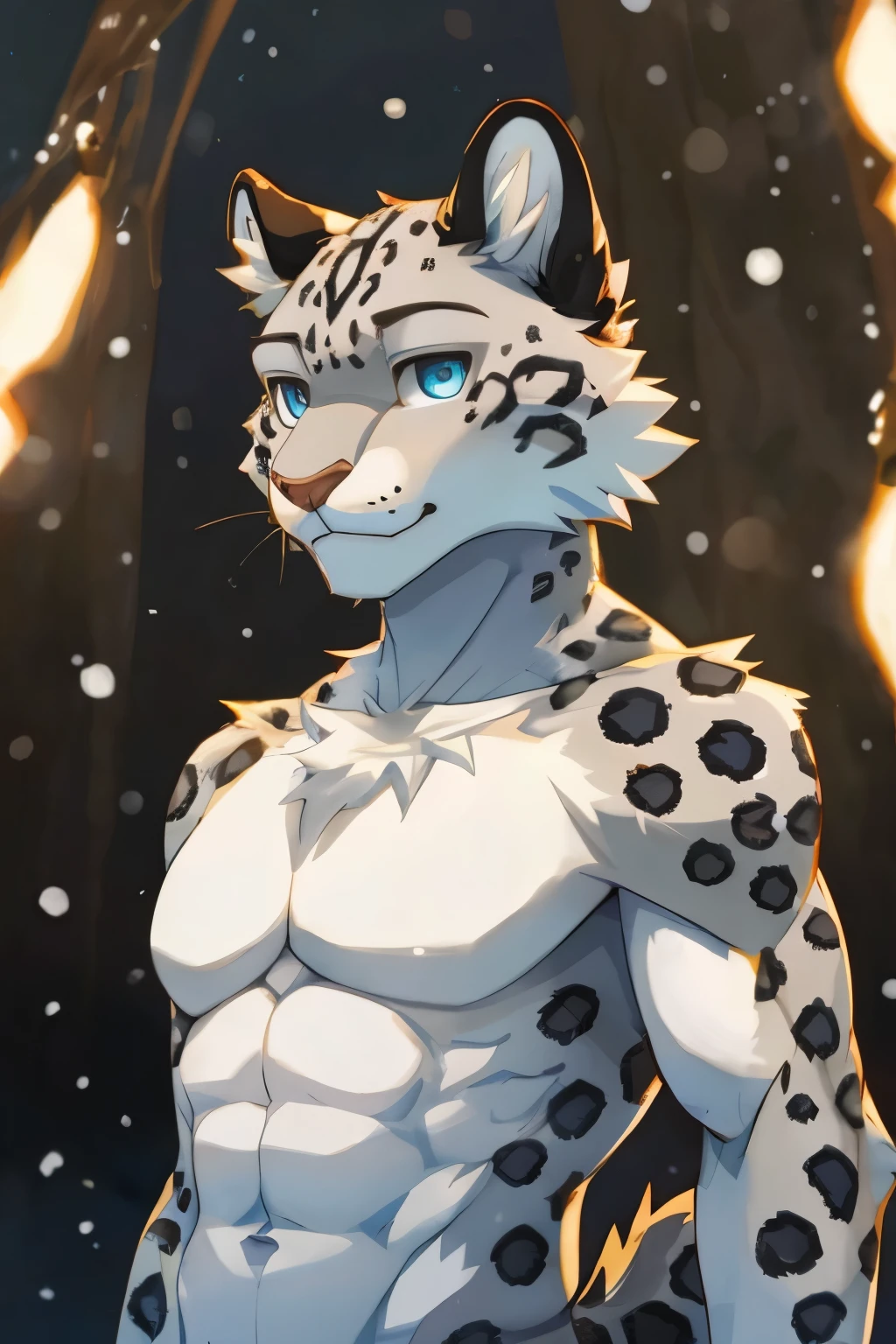 Snow leopard furry,anthro,solo,masterpiece,high detail,best shadow,full body,blush,blue eyes,winter backgrounds,thick abs