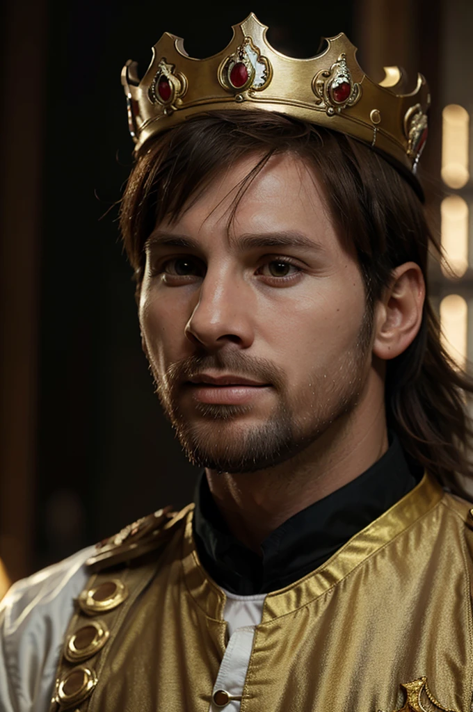 Ultra realistic Messi with king crown on his head, estilo realistico com camera 100mm