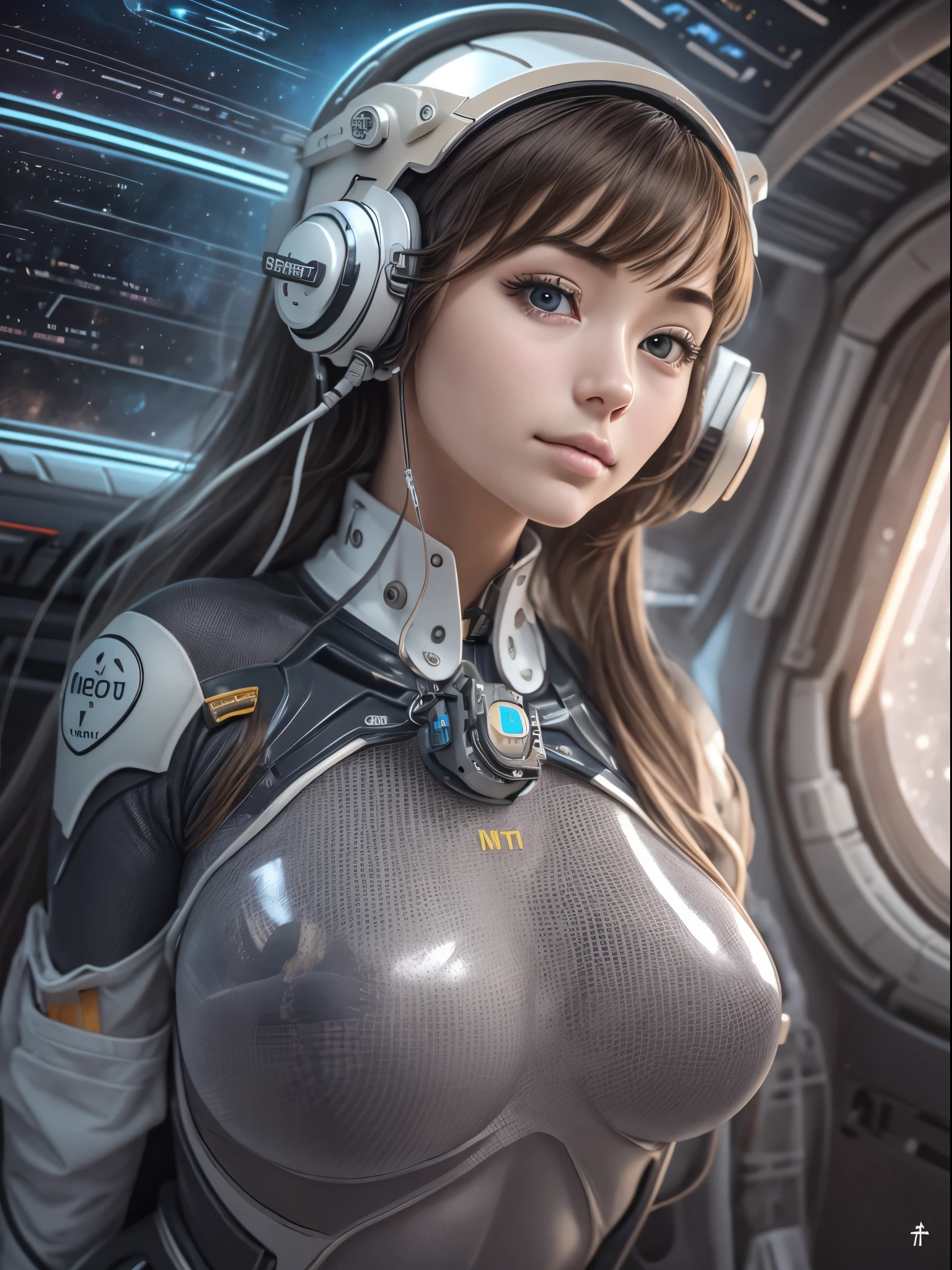 masterpiece、top-quality、The ultra -The high-definition、Top resolution、ighly detailed、profetional lighting、illustratio、(Futuristic spaceship interior interior)、(Inside the space station)、Space passenger aircraft seatustshot,1人の女性,(space helmet):1.8,(space suits:1.4),(Glossy Latex Silver Bodysuit):1.3,(deadpan:1.5),(real face):1.5,(very long hair):1.2,(dark hair), Shining hair ornament, head phone,space suits,Colossal tits、(A slight smil:1.0)、pretty skin、Japanese girl, big breasts,