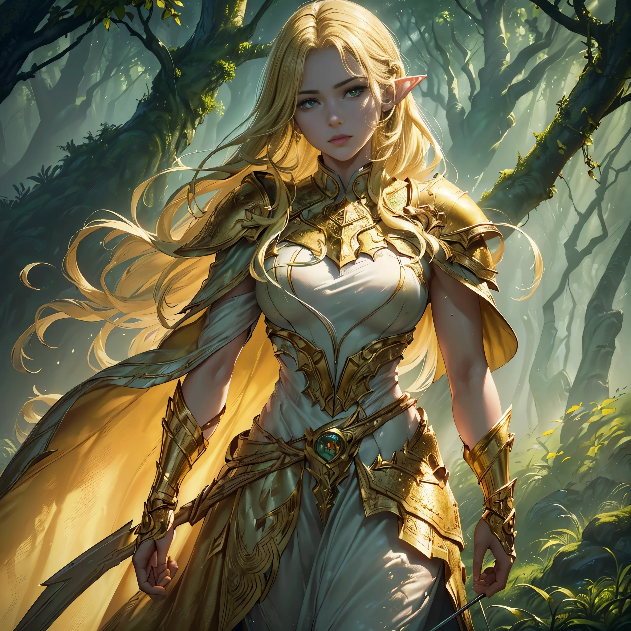 ((Quality: masterpiece, best quality, UHD, anatomically correct, photo realism, textured and detailed skin, skin pores, skin imperfections, textured and detailed hair, dramatic lighting, high contrasting light and shadows, complimentary colours)), inspired by the natural rain forest, elven archer fantasy warrior, flowing cape, detailed chrome armor, ((green, yellow, gold))