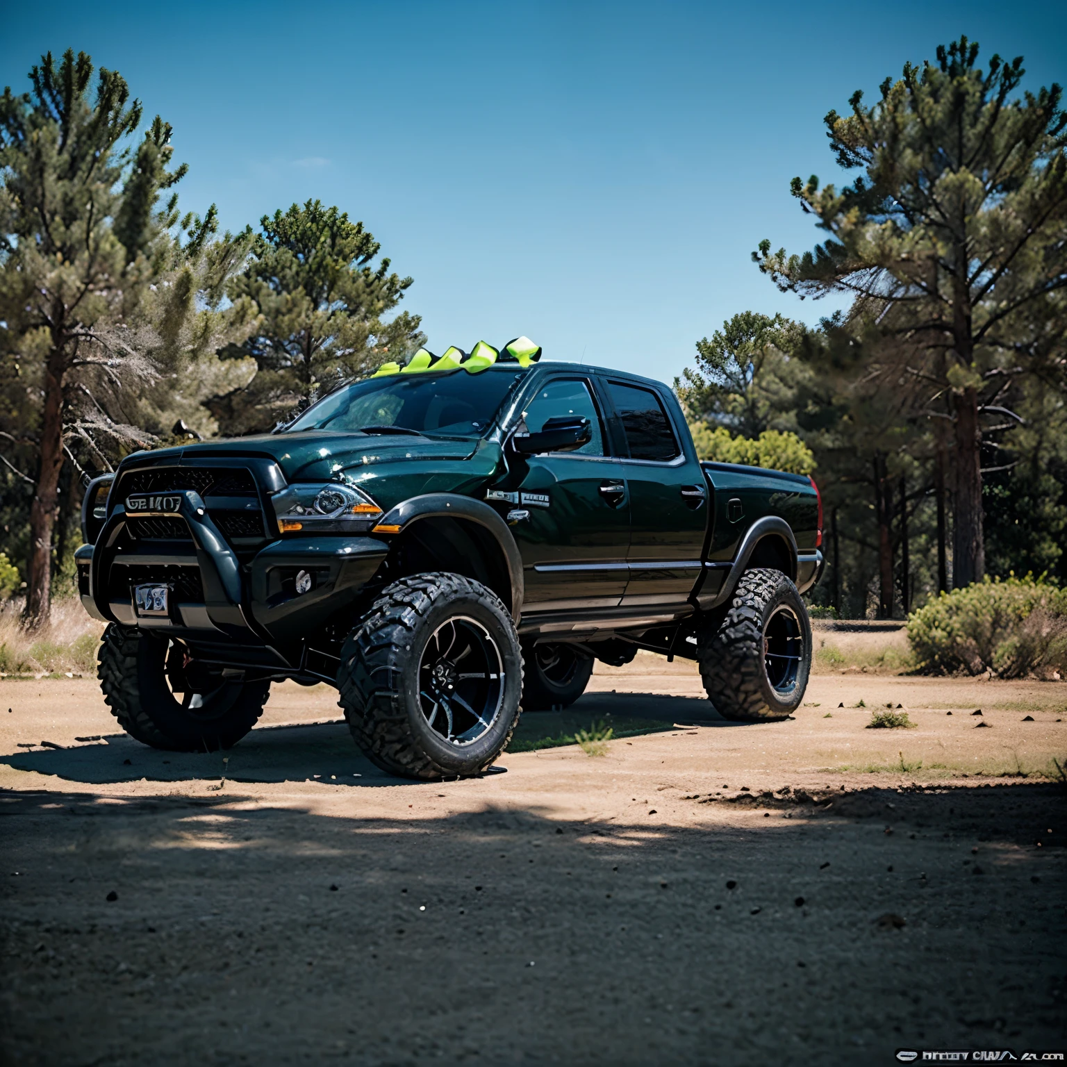 A grinch riding a 2006 black ram lifted with side fenders with black rims