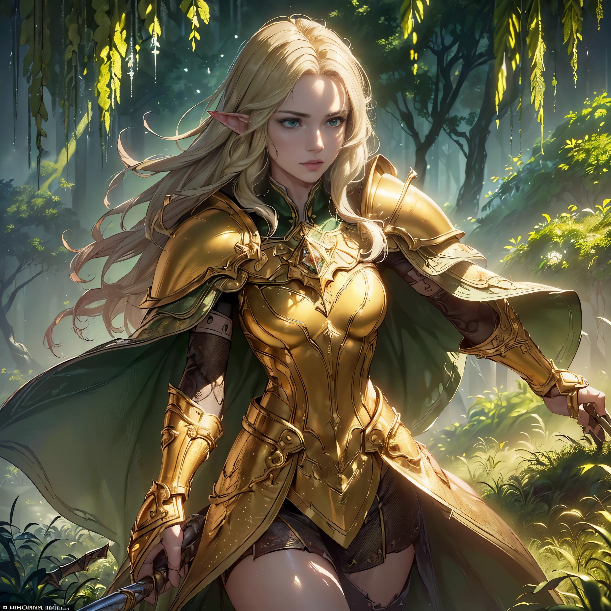 ((Quality: masterpiece, best quality, UHD, anatomically correct, photo realism, textured and detailed skin, skin pores, skin imperfections, textured and detailed hair, dramatic lighting, high contrasting light and shadows, complimentary colours)), inspired by the natural rain forest, elven archer fantasy warrior, flowing cape, detailed chrome armor, ((green, yellow, gold))